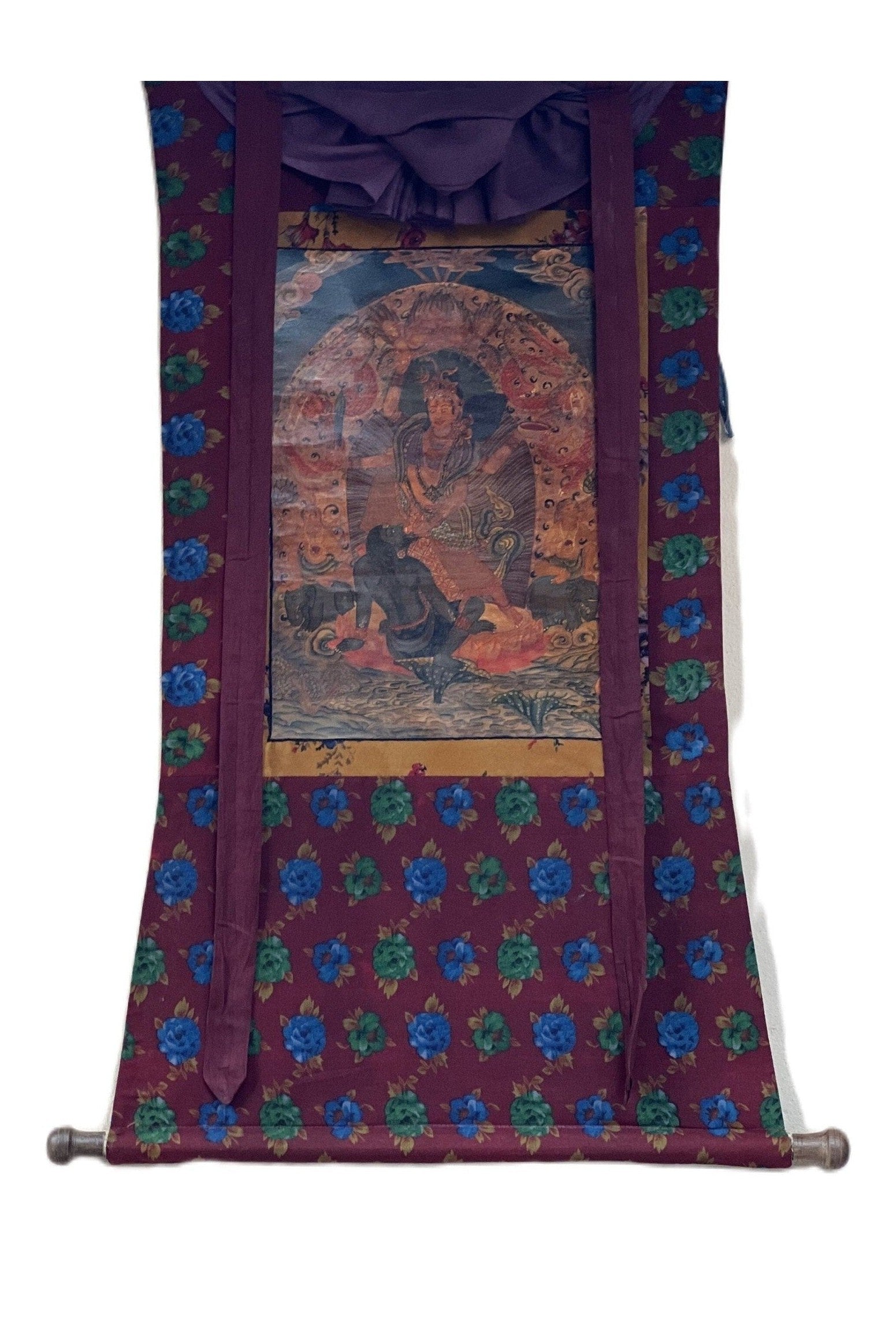 Goddess Durga/Jagdamba/ Navadurga Old Oil Varnished Newari Paubha Thangka Painting Hindu Art with Cotton Brocade - Tibetan Thangka Art