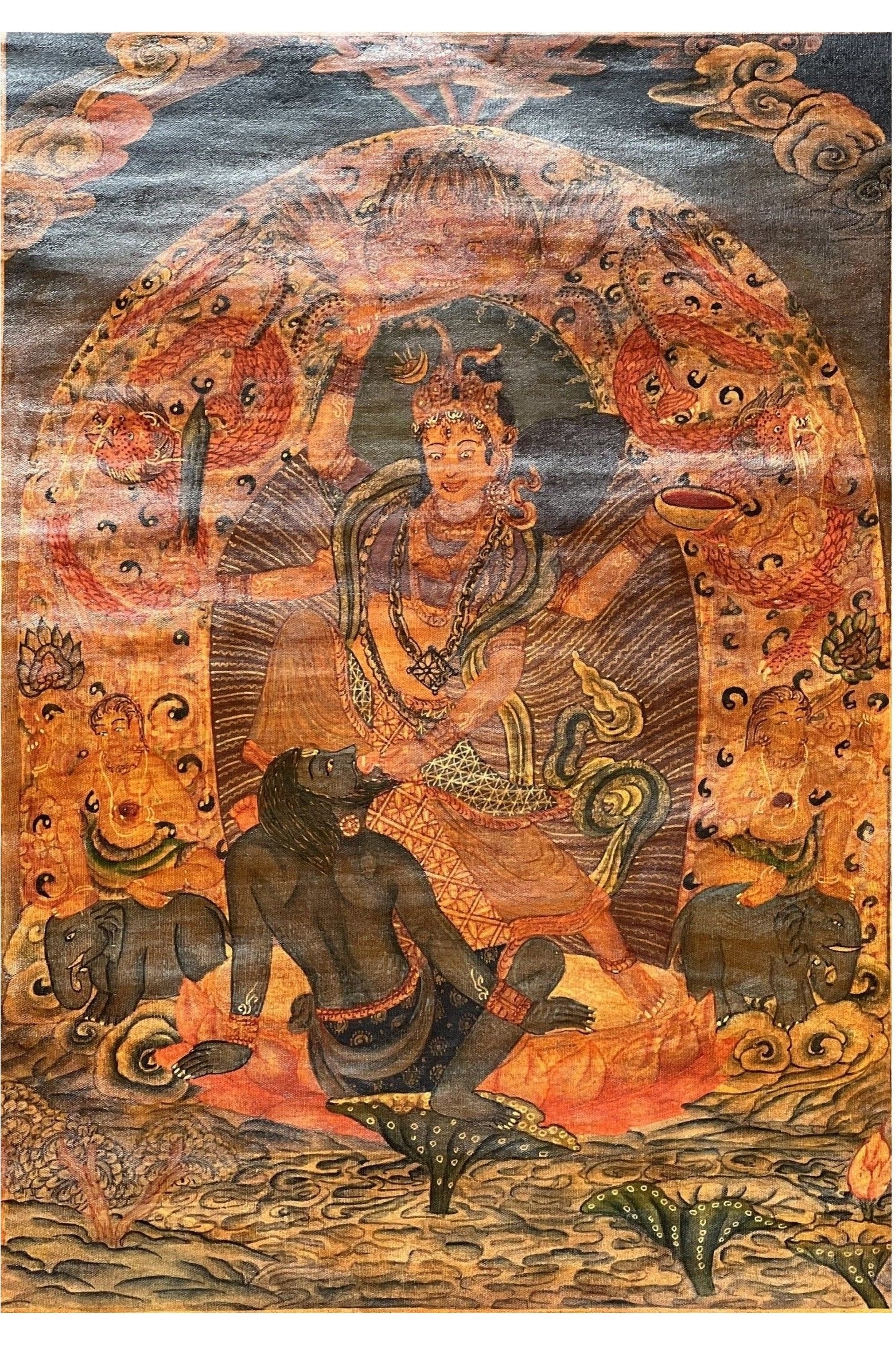 Goddess Durga/Jagdamba/ Navadurga Old Oil Varnished Newari Paubha Thangka Painting Hindu Art with Cotton Brocade - Tibetan Thangka Art