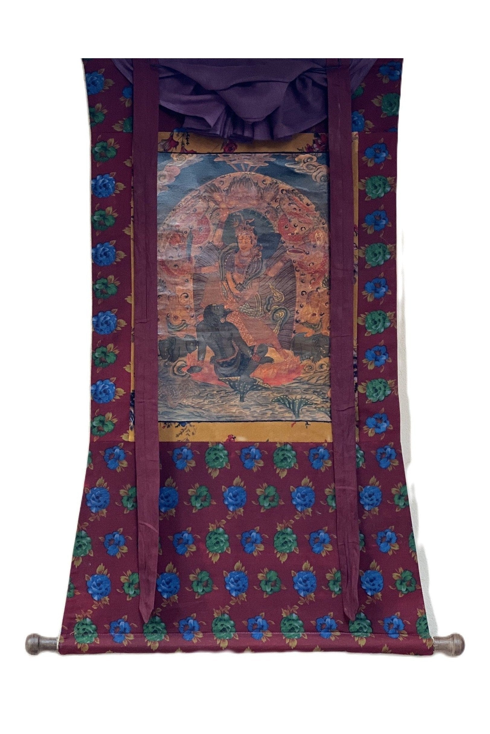 Goddess Durga/Jagdamba/ Navadurga Old Oil Varnished Newari Paubha Thangka Painting Hindu Art with Cotton Brocade - Tibetan Thangka Art