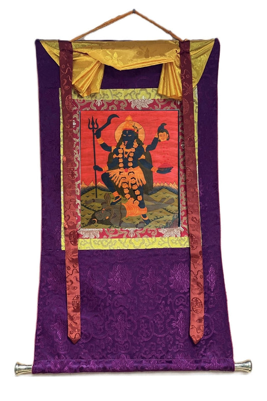 Goddess Kali Ma/ Mahakali/ Mother of Universal Power Old Oil Varnished Thangka Painting, Original Tantra Art with Silk Brocade - Tibetan Thangka Art