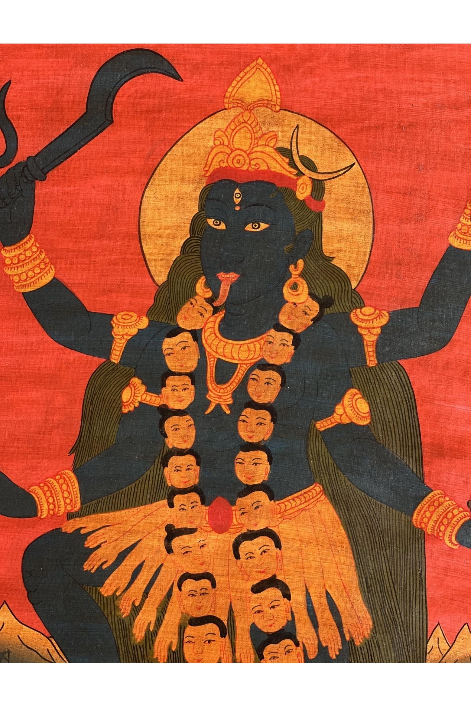 Goddess Kali Ma/ Mahakali/ Mother of Universal Power Old Oil Varnished Thangka Painting, Original Tantra Art with Silk Brocade - Tibetan Thangka Art