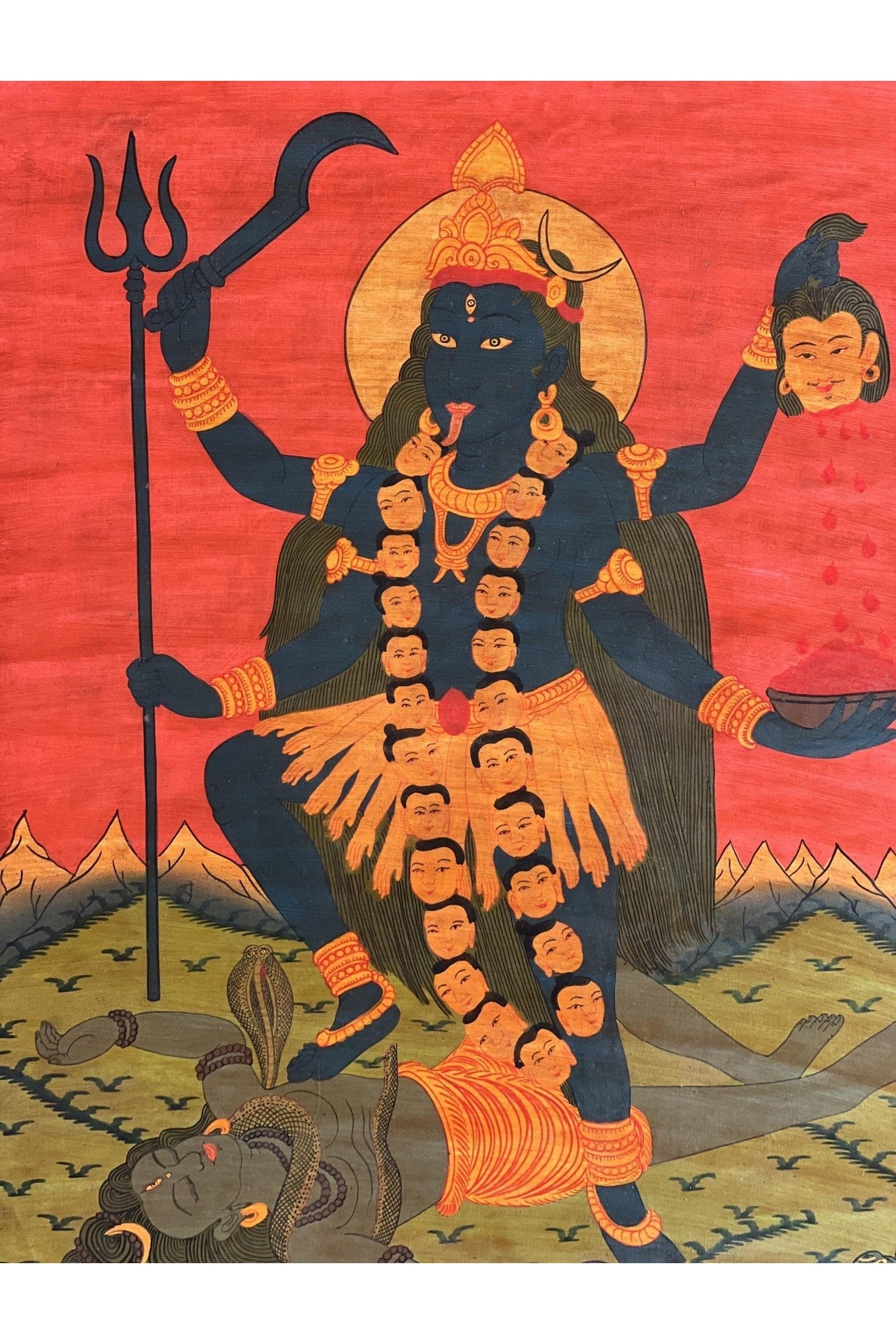 Goddess Kali Ma/ Mahakali/ Mother of Universal Power Old Oil Varnished Thangka Painting, Original Tantra Art with Silk Brocade - Tibetan Thangka Art