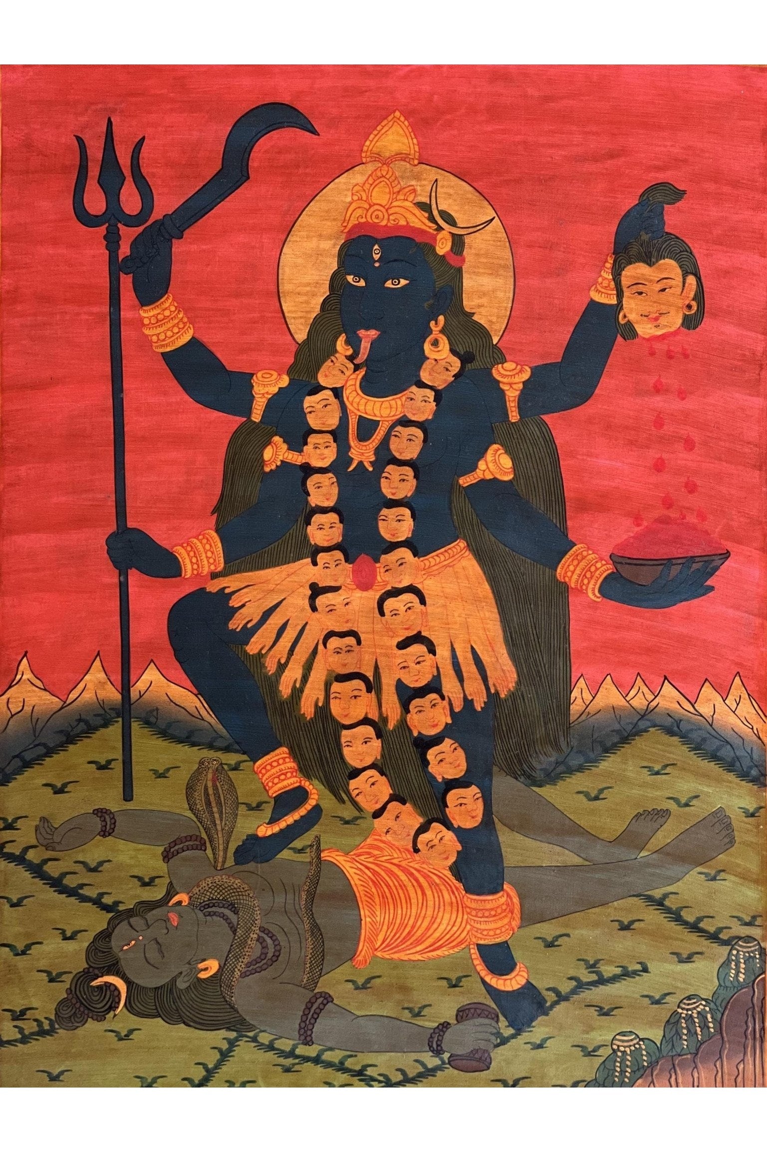 Goddess Kali Ma/ Mahakali/ Mother of Universal Power Old Oil Varnished Thangka Painting, Original Tantra Art with Silk Brocade - Tibetan Thangka Art