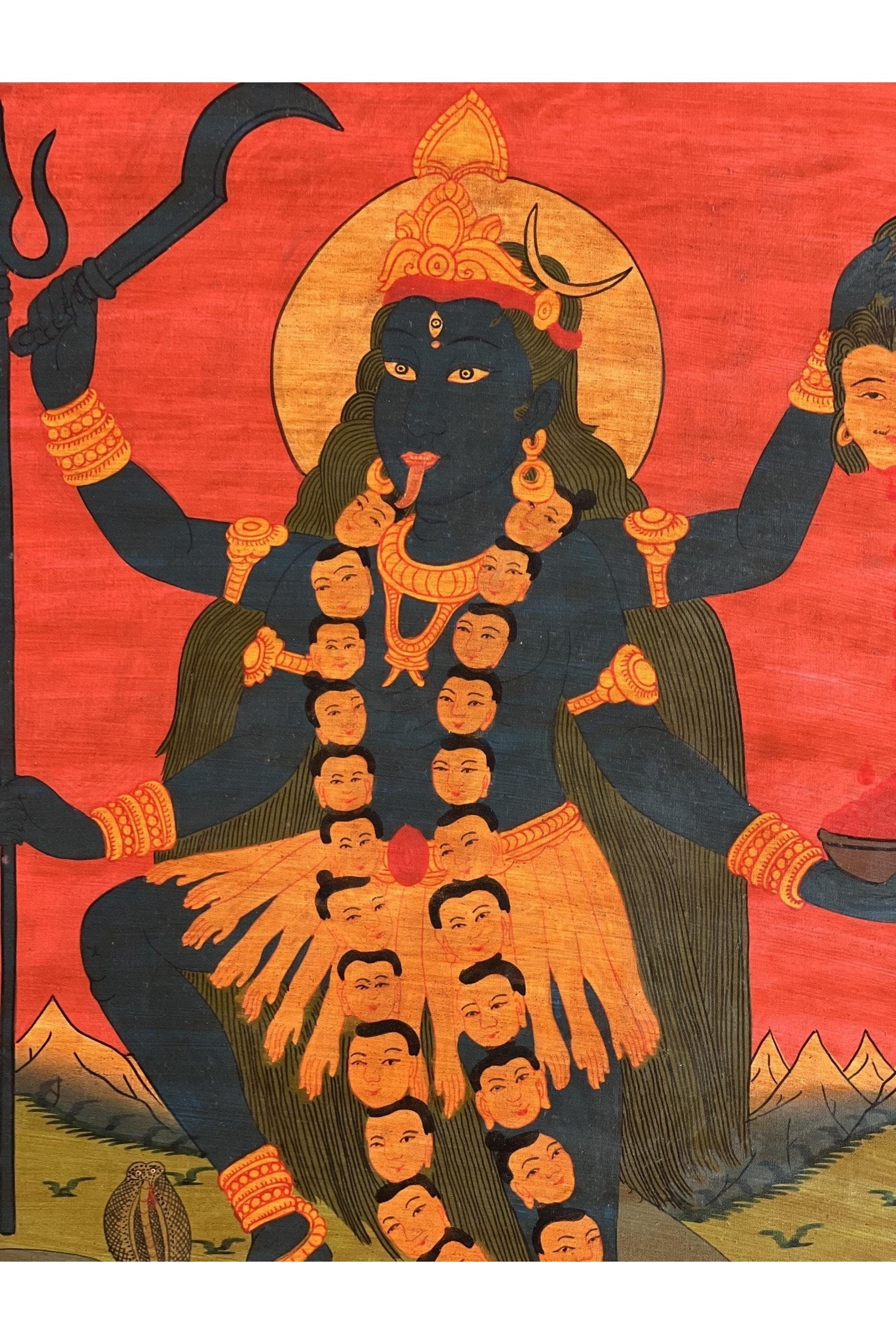 Goddess Kali Ma/ Mahakali/ Mother of Universal Power Old Oil Varnished Thangka Painting, Original Tantra Art with Silk Brocade - Tibetan Thangka Art