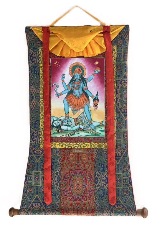 Goddess Kali Ma/ Mahakali/ Mother of Universal Power Protector Thangka Painting/ Original Hindu Tantra Art with Silk Brocade - Tibetan Thangka Art