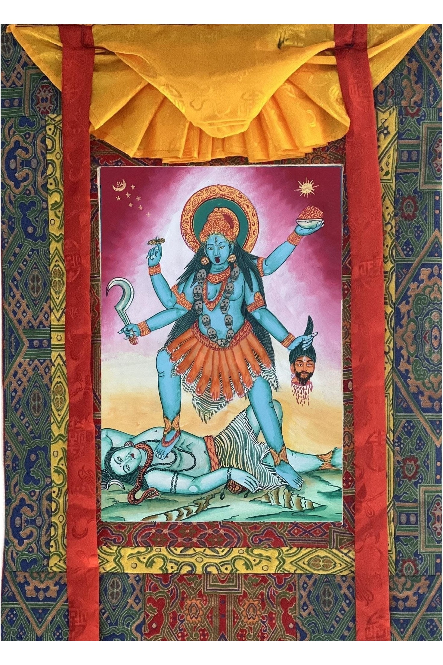 Goddess Kali Ma/ Mahakali/ Mother of Universal Power Protector Thangka Painting/ Original Hindu Tantra Art with Silk Brocade - Tibetan Thangka Art