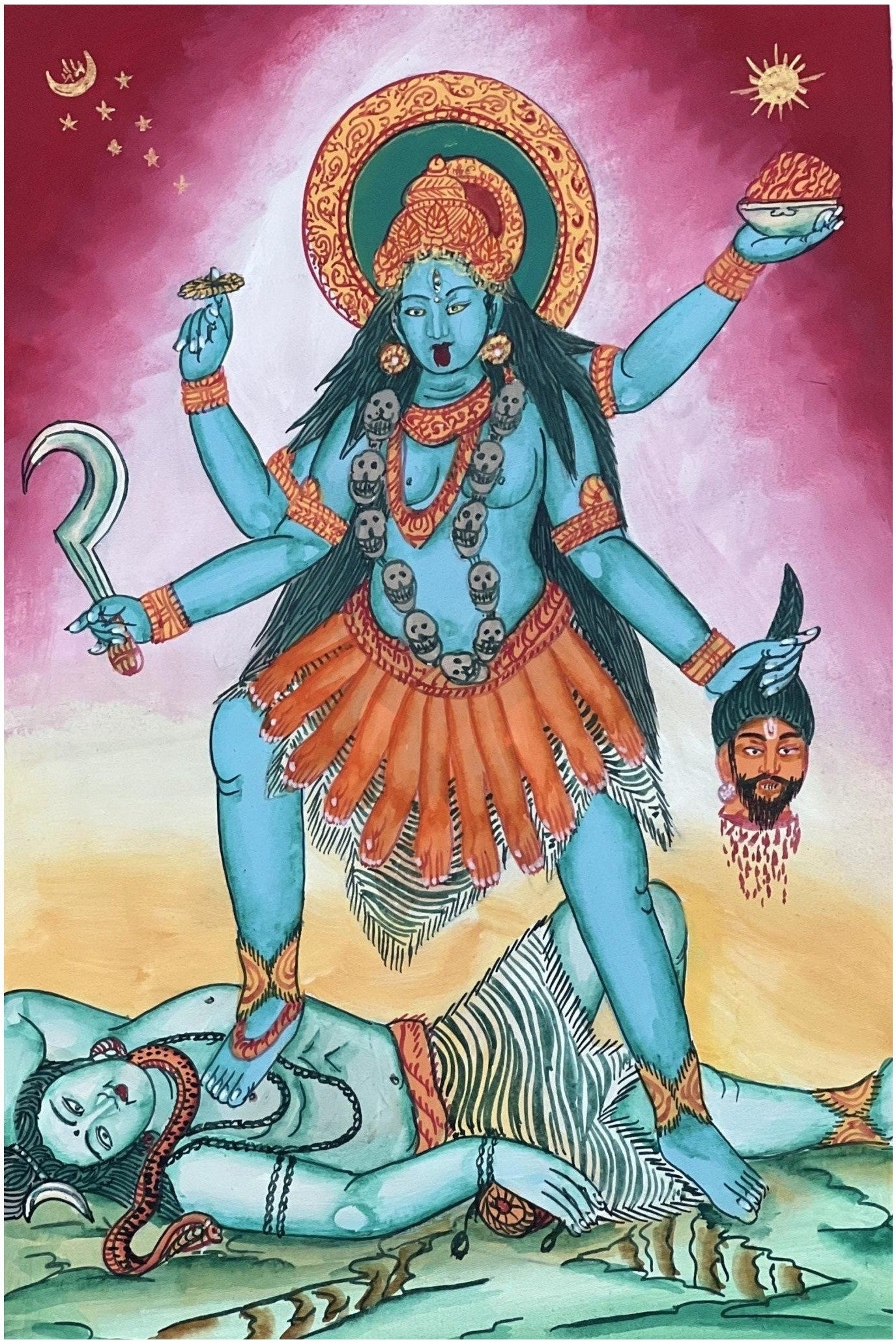 Goddess Kali Ma/ Mahakali/ Mother of Universal Power Protector Thangka Painting/ Original Hindu Tantra Art with Silk Brocade - Tibetan Thangka Art