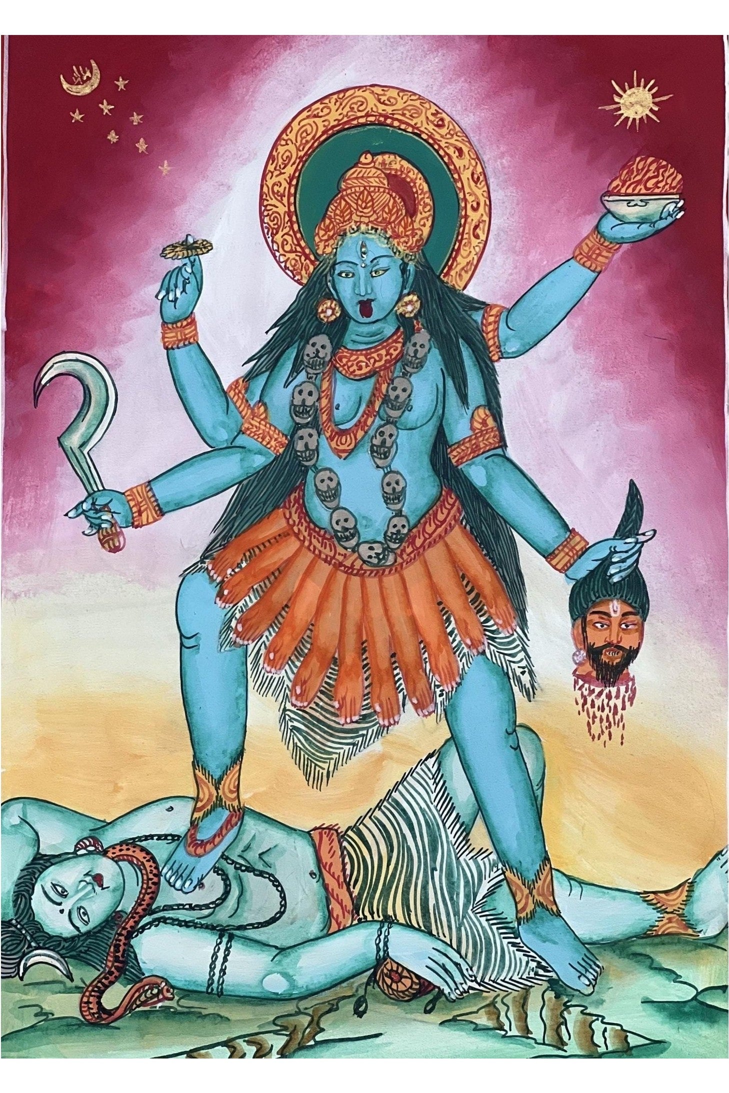 Goddess Kali Ma/ Mahakali/ Mother of Universal Power Protector Thangka Painting/ Original Hindu Tantra Art with Silk Brocade - Tibetan Thangka Art