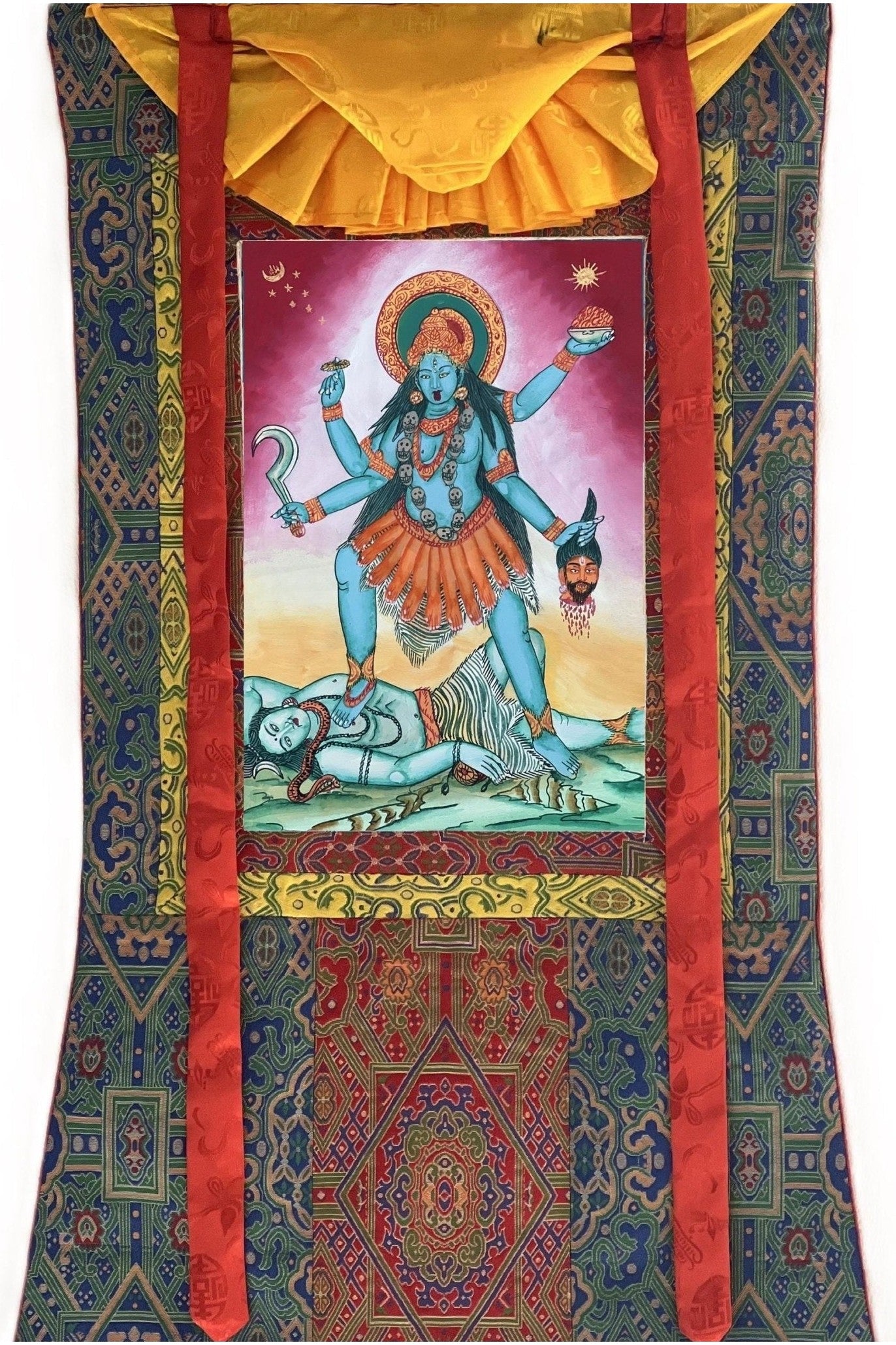 Goddess Kali Ma/ Mahakali/ Mother of Universal Power Protector Thangka Painting/ Original Hindu Tantra Art with Silk Brocade - Tibetan Thangka Art