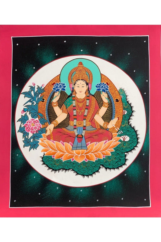 Goddess Laxmi, Asta Laxmi, Mahalaxmi, Thangka Painting, Original Hinudu Buddhist Art, 11 x 14 - Inch - Tibetan Thangka Art