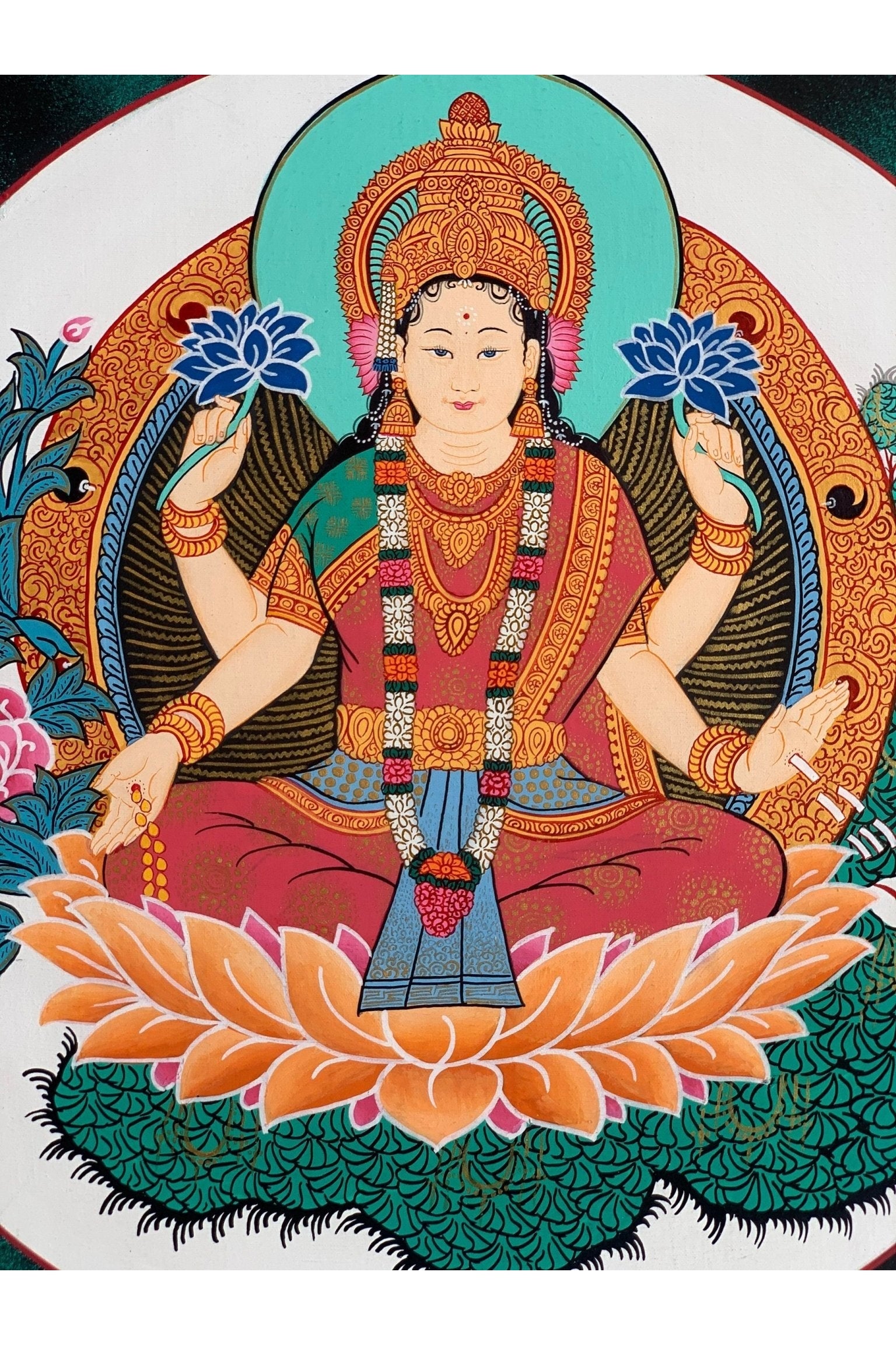 Goddess Laxmi, Asta Laxmi, Mahalaxmi, Thangka Painting, Original Hinudu Buddhist Art, 11 x 14 - Inch - Tibetan Thangka Art