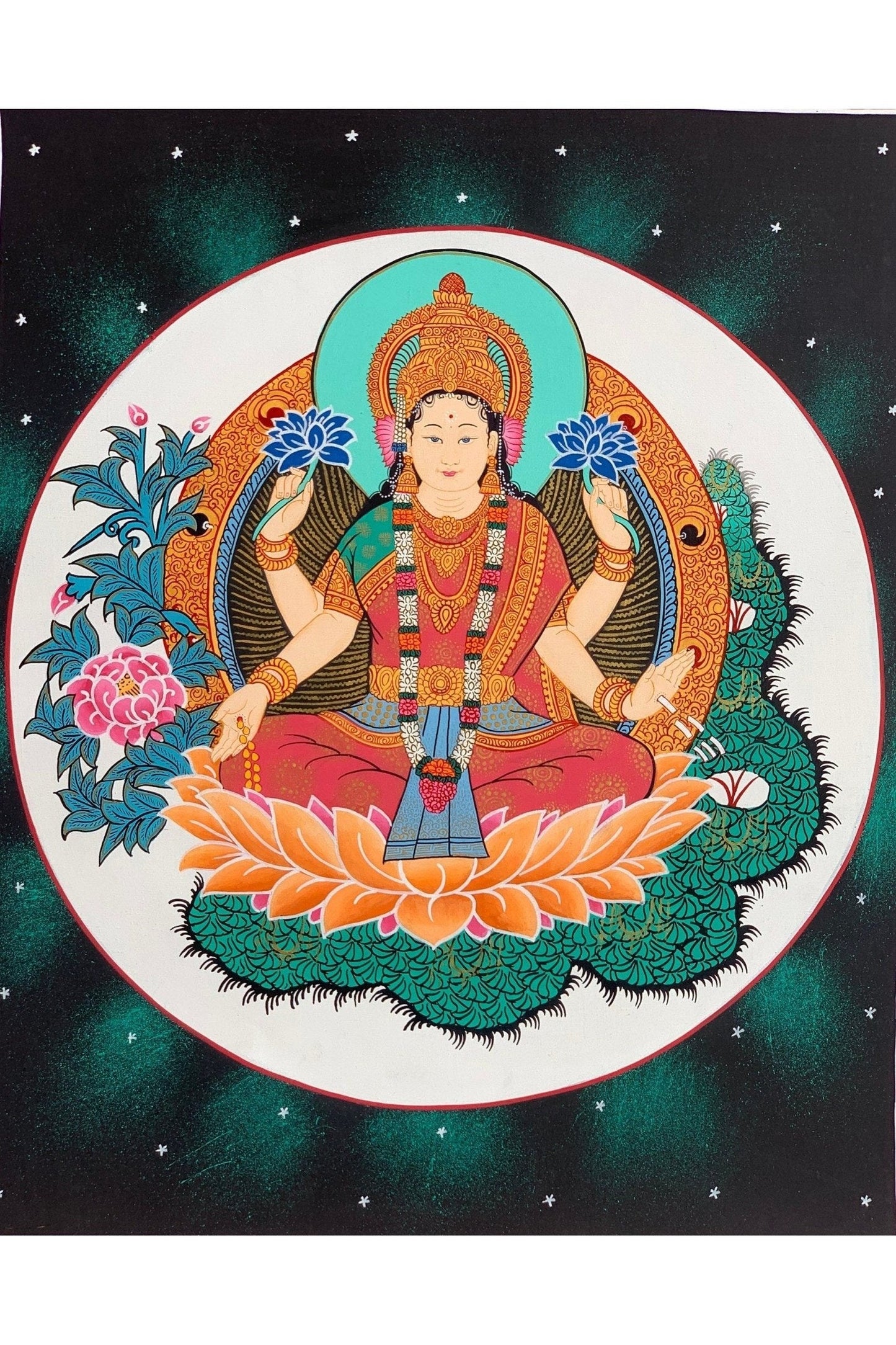 Goddess Laxmi, Asta Laxmi, Mahalaxmi, Thangka Painting, Original Hinudu Buddhist Art, 11 x 14 - Inch - Tibetan Thangka Art