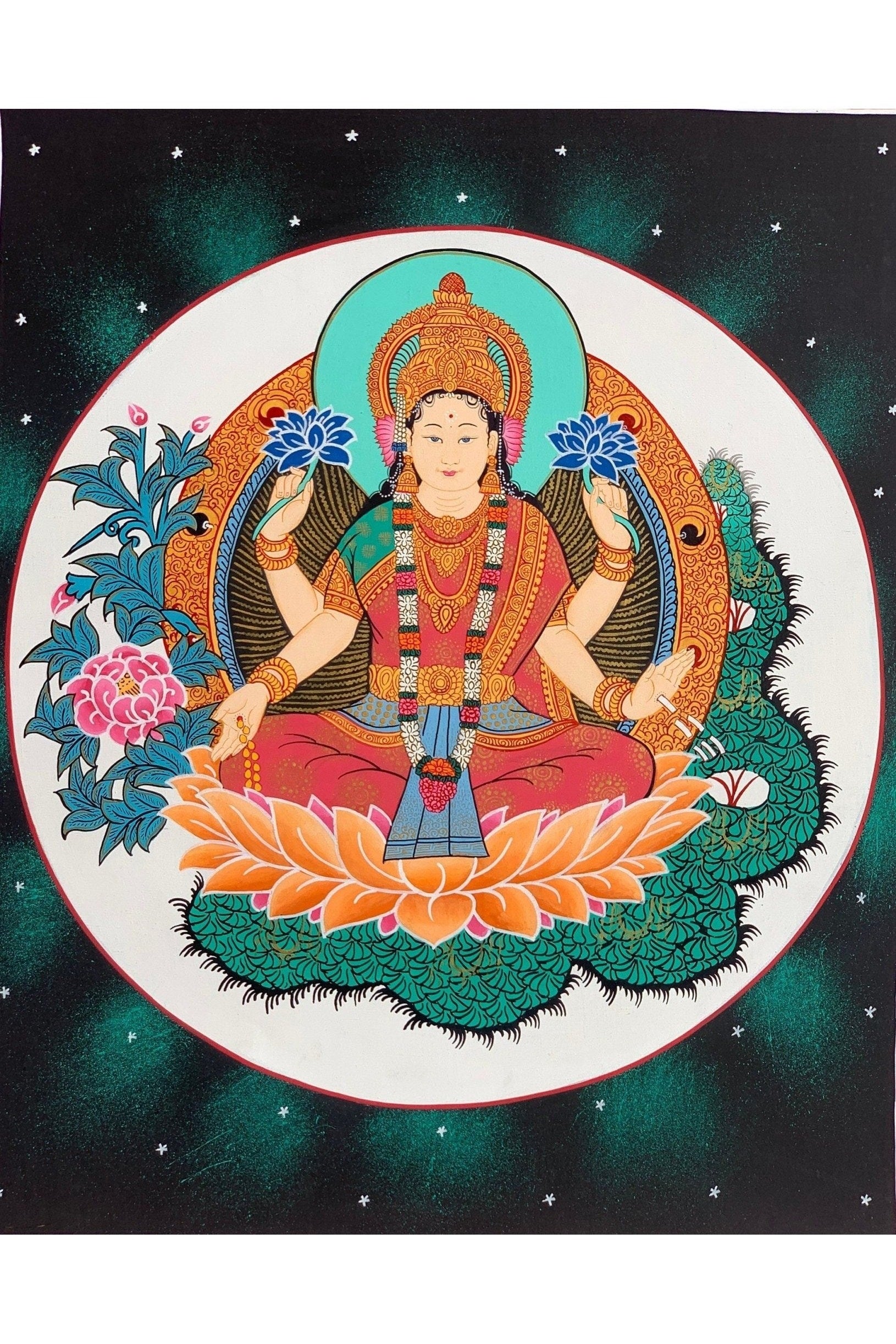 Goddess Laxmi, Asta Laxmi, Mahalaxmi, Thangka Painting, Original Hinudu Buddhist Art, 11 x 14 - Inch - Tibetan Thangka Art