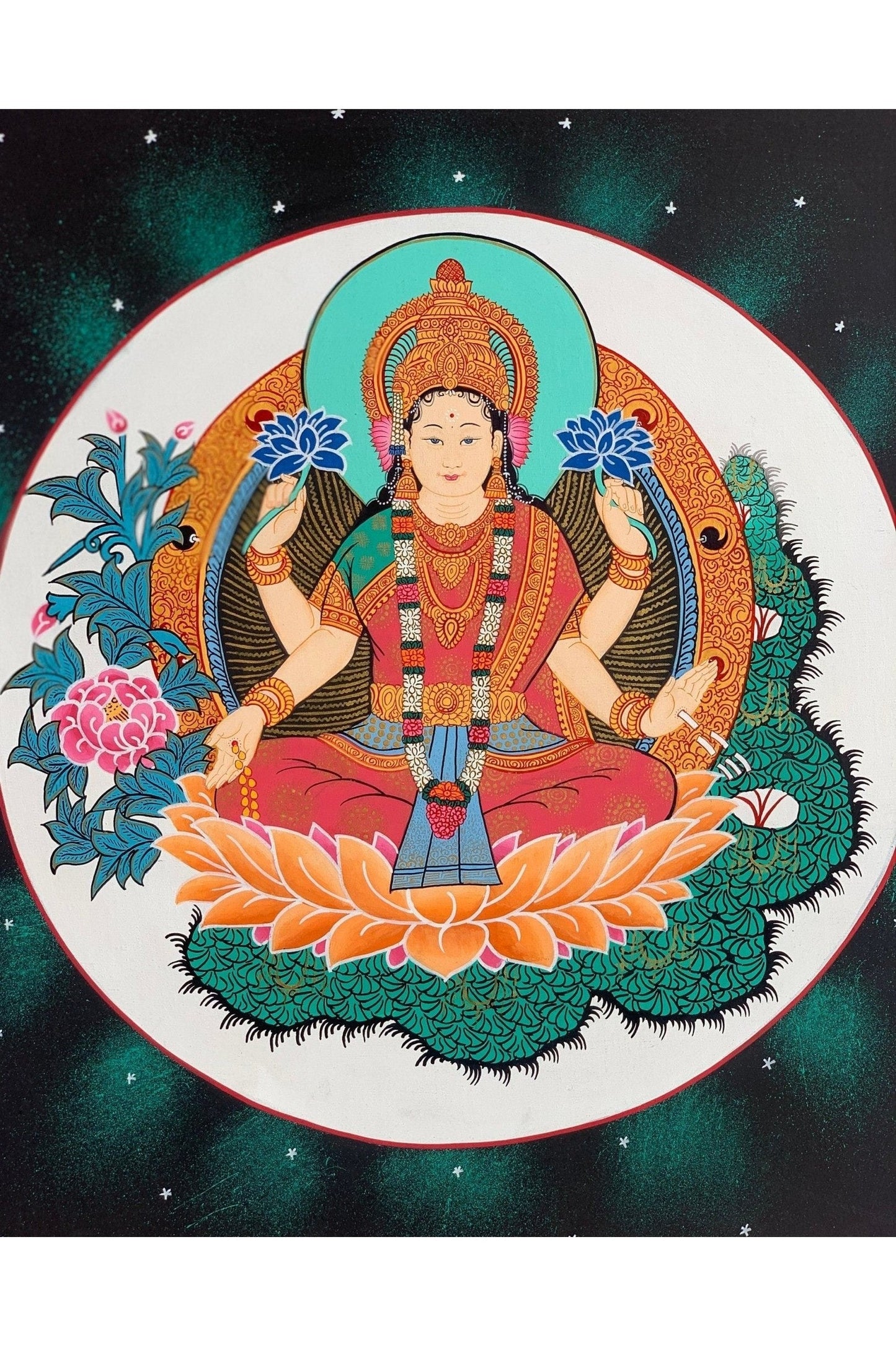 Goddess Laxmi, Asta Laxmi, Mahalaxmi, Thangka Painting, Original Hinudu Buddhist Art, 11 x 14 - Inch - Tibetan Thangka Art
