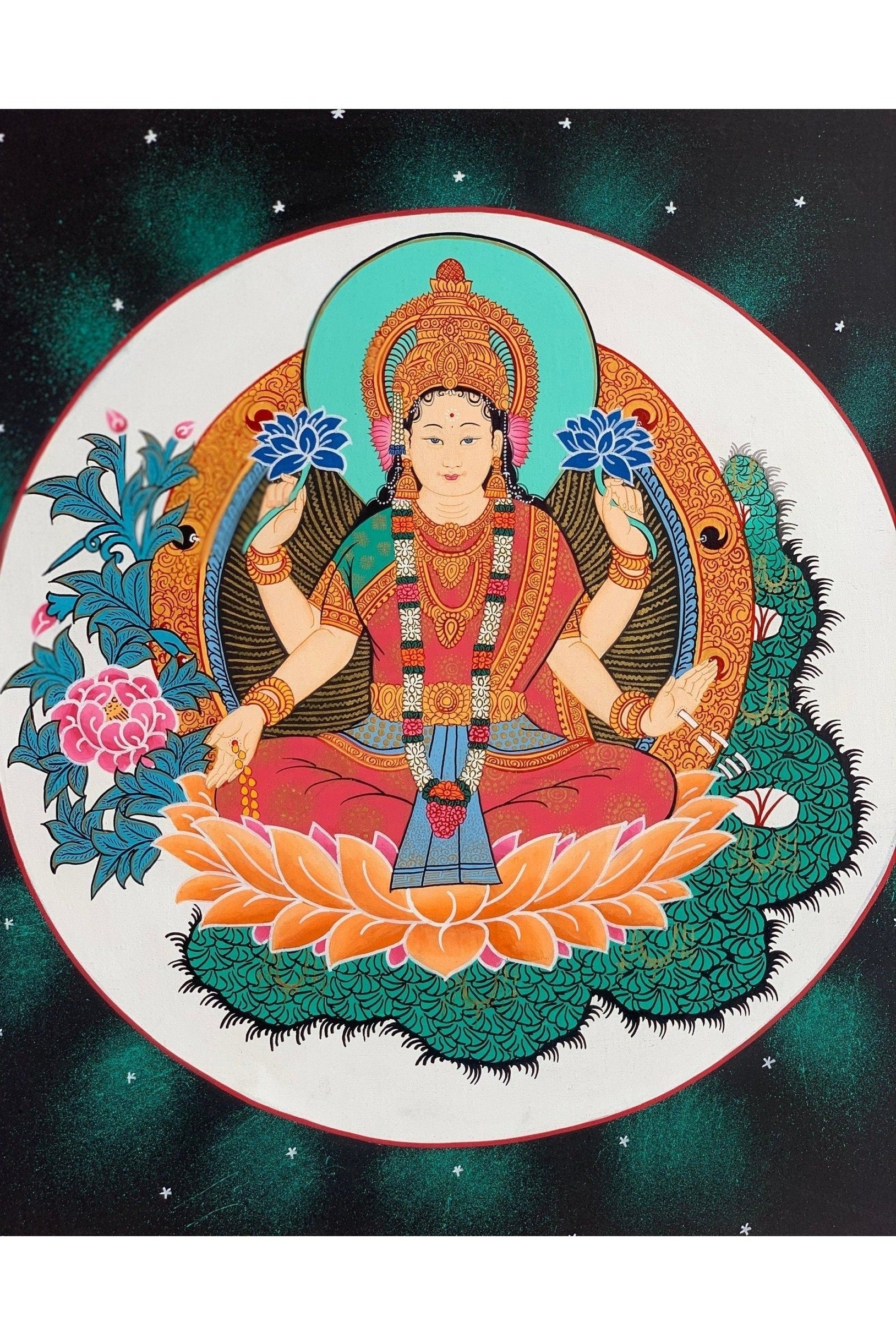Goddess Laxmi, Asta Laxmi, Mahalaxmi, Thangka Painting, Original Hinudu Buddhist Art, 11 x 14 - Inch - Tibetan Thangka Art
