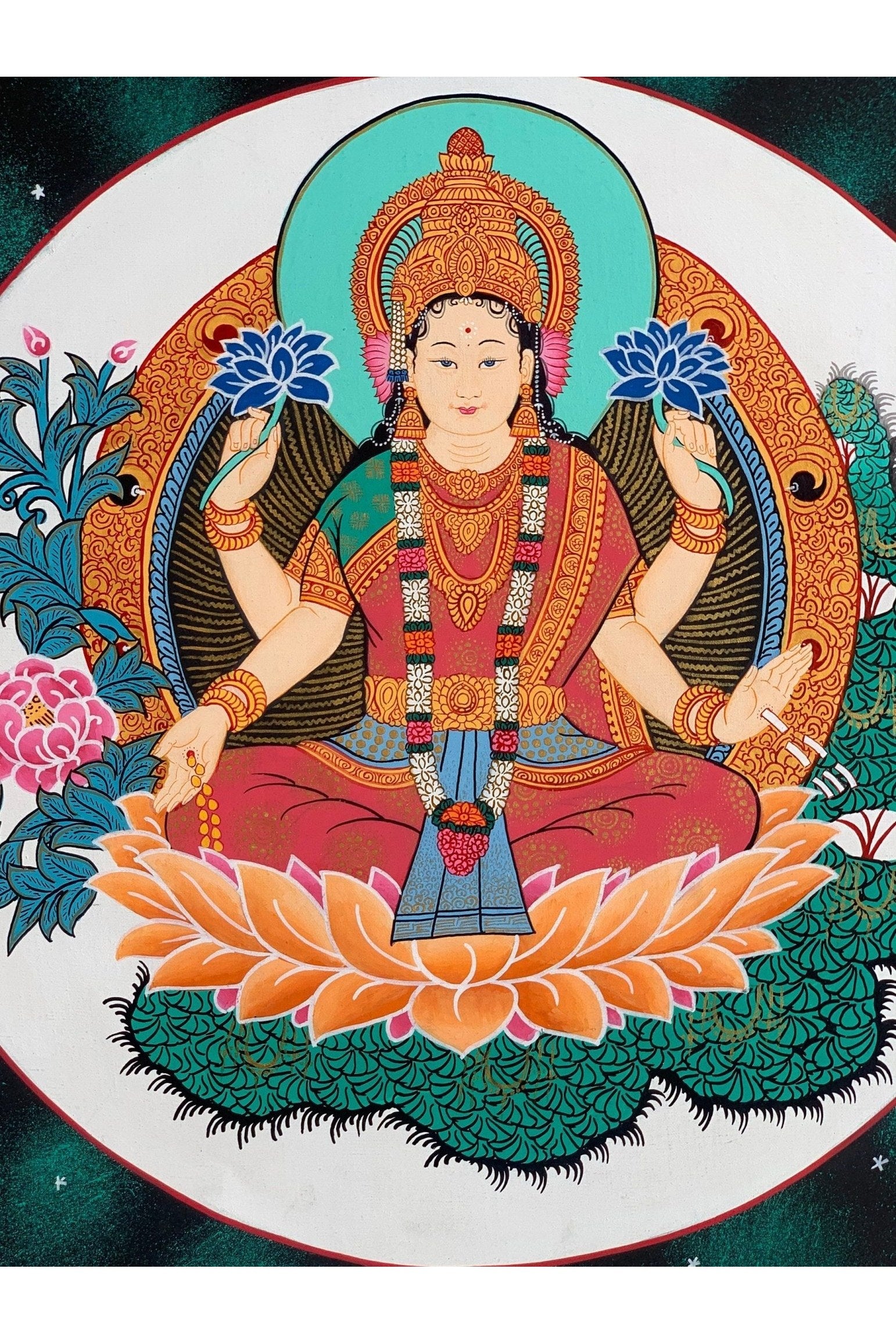 Goddess Laxmi, Asta Laxmi, Mahalaxmi, Thangka Painting, Original Hinudu Buddhist Art, 11 x 14 - Inch - Tibetan Thangka Art