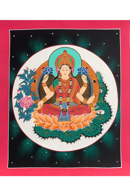 Goddess Laxmi, Asta Laxmi, Mahalaxmi, Thangka Painting, Original Hinudu Buddhist Art, 11 x 14 - Inch - Tibetan Thangka Art