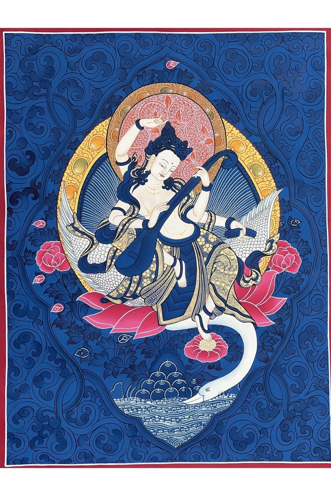 Goddess Saraswoti Mother of Wisdom Learning and Music Hindu Buddhist Thangka Painting Original Hand - painted Art - Tibetan Thangka Art