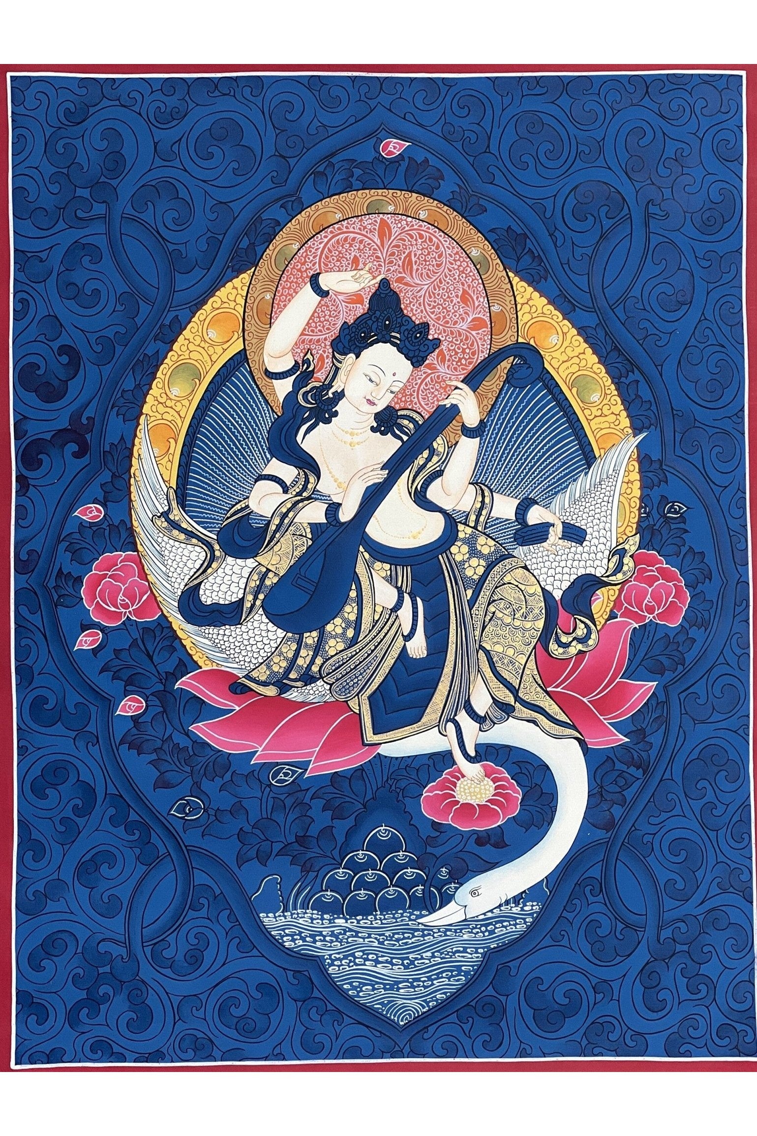 Goddess Saraswoti Mother of Wisdom Learning and Music Hindu Buddhist Thangka Painting Original Hand - painted Art - Tibetan Thangka Art