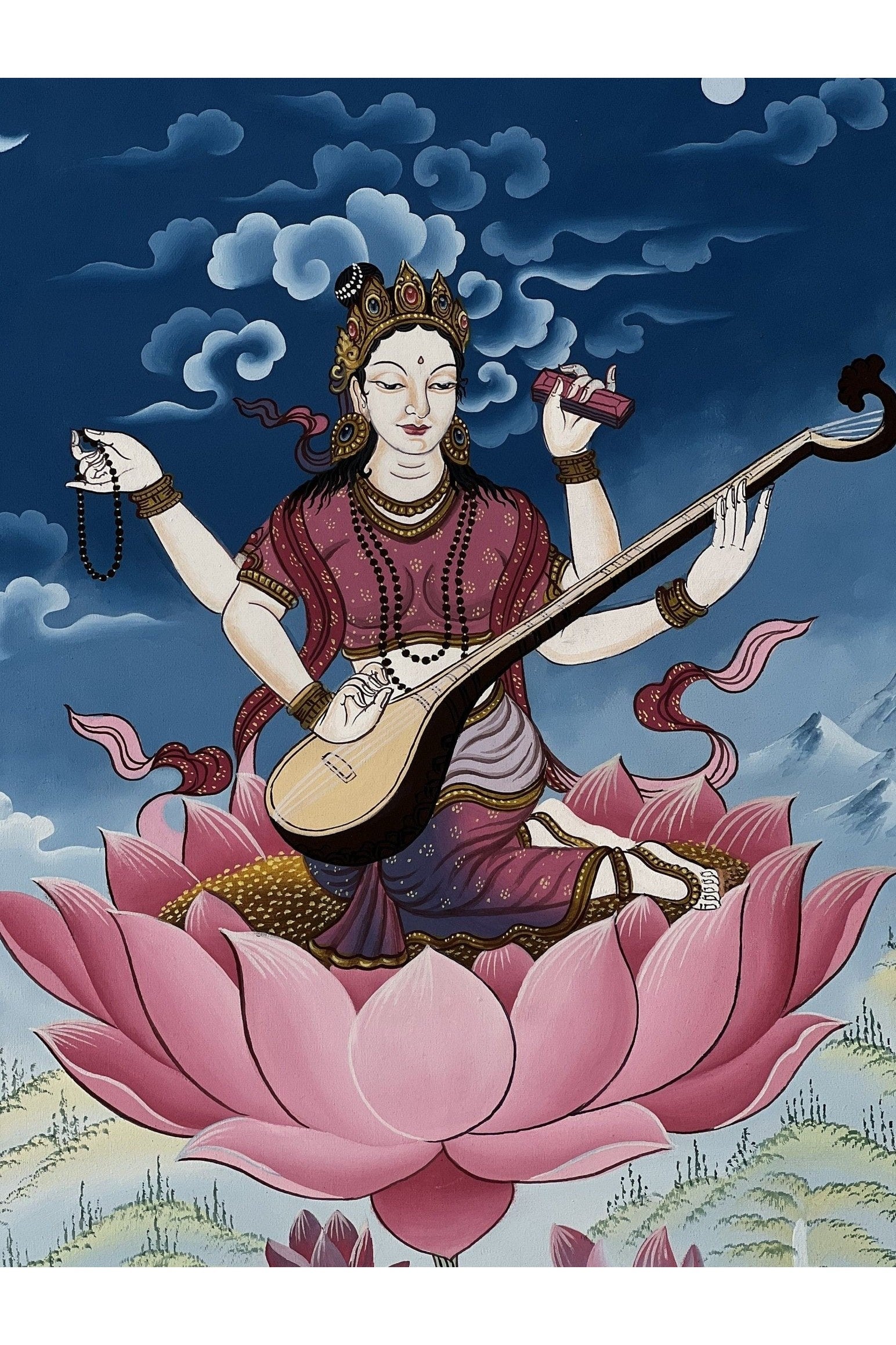 Goddess Saraswoti Mother of Wisdom Learning and Music Newari Paubha Thangka Painting Original Art - Tibetan Thangka Art