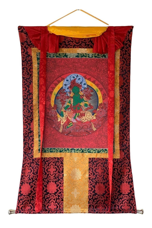 Green Tara Devine Mother Original Masterpiece High - quality Tibetan Thangka Painting with Silk Brocade - Tibetan Thangka Art
