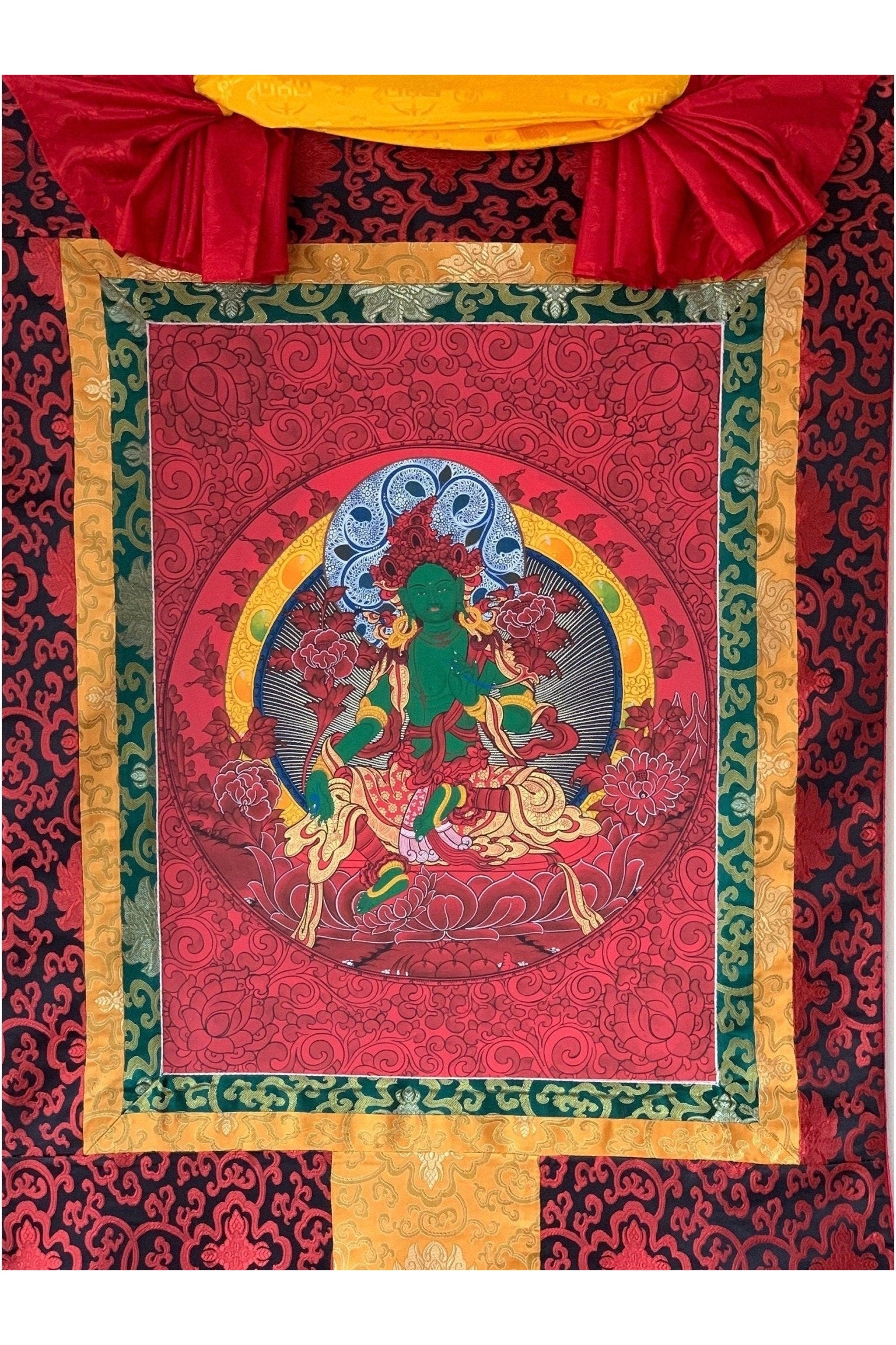Green Tara Devine Mother Original Masterpiece High - quality Tibetan Thangka Painting with Silk Brocade - Tibetan Thangka Art