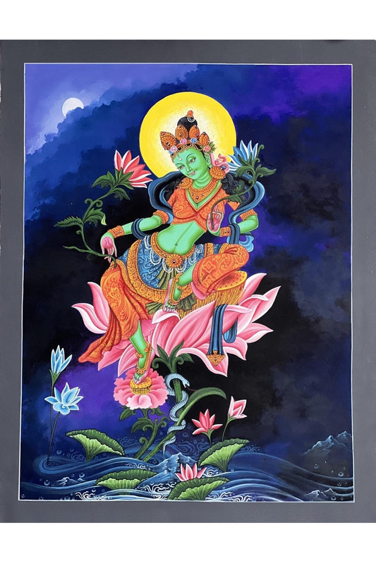 Green Tara/ Divine Mother /Shyamatara Masterpiece Newari Paubha/Pauva Thangka Painting Original Hand - Painted Newari Art from Nepal - Tibetan Thangka Art