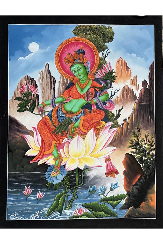 Green Tara/ Divine Mother /Shyamatara Masterpiece Newari Paubha/Pauva Thangka Painting Original Hand - Painting Newari Art from Kathmandu - Tibetan Thangka Art