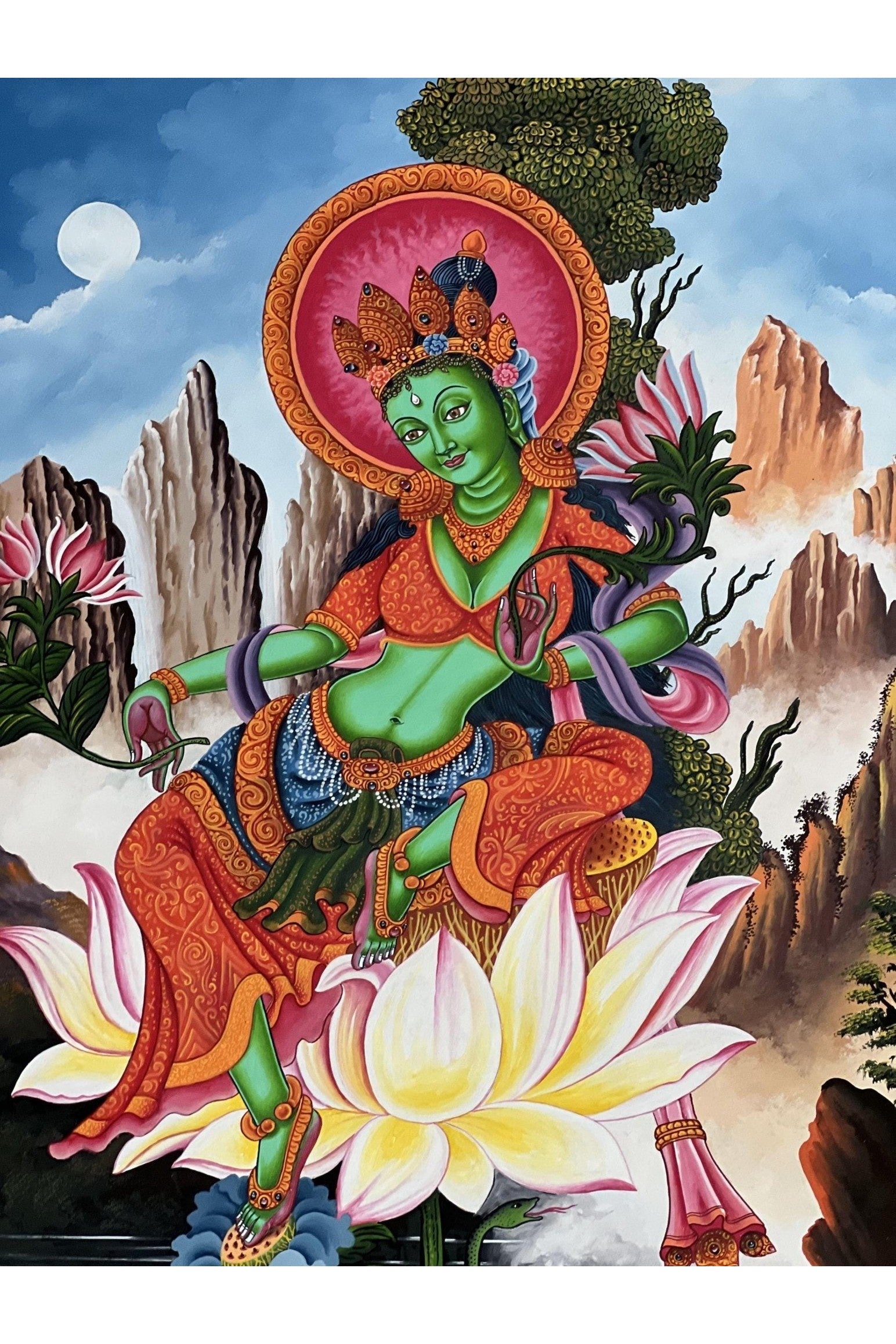 Green Tara/ Divine Mother /Shyamatara Masterpiece Newari Paubha/Pauva Thangka Painting Original Hand - Painting Newari Art from Kathmandu - Tibetan Thangka Art