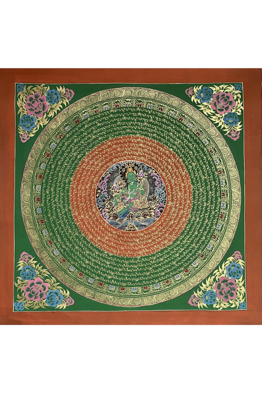 Green Tara Sacred Om Mani Padme Hum Mantra Mandala Original Masterpiece Tibetan Thangka Painting Compassion Meditation Art - Tibetan Thangka Art
