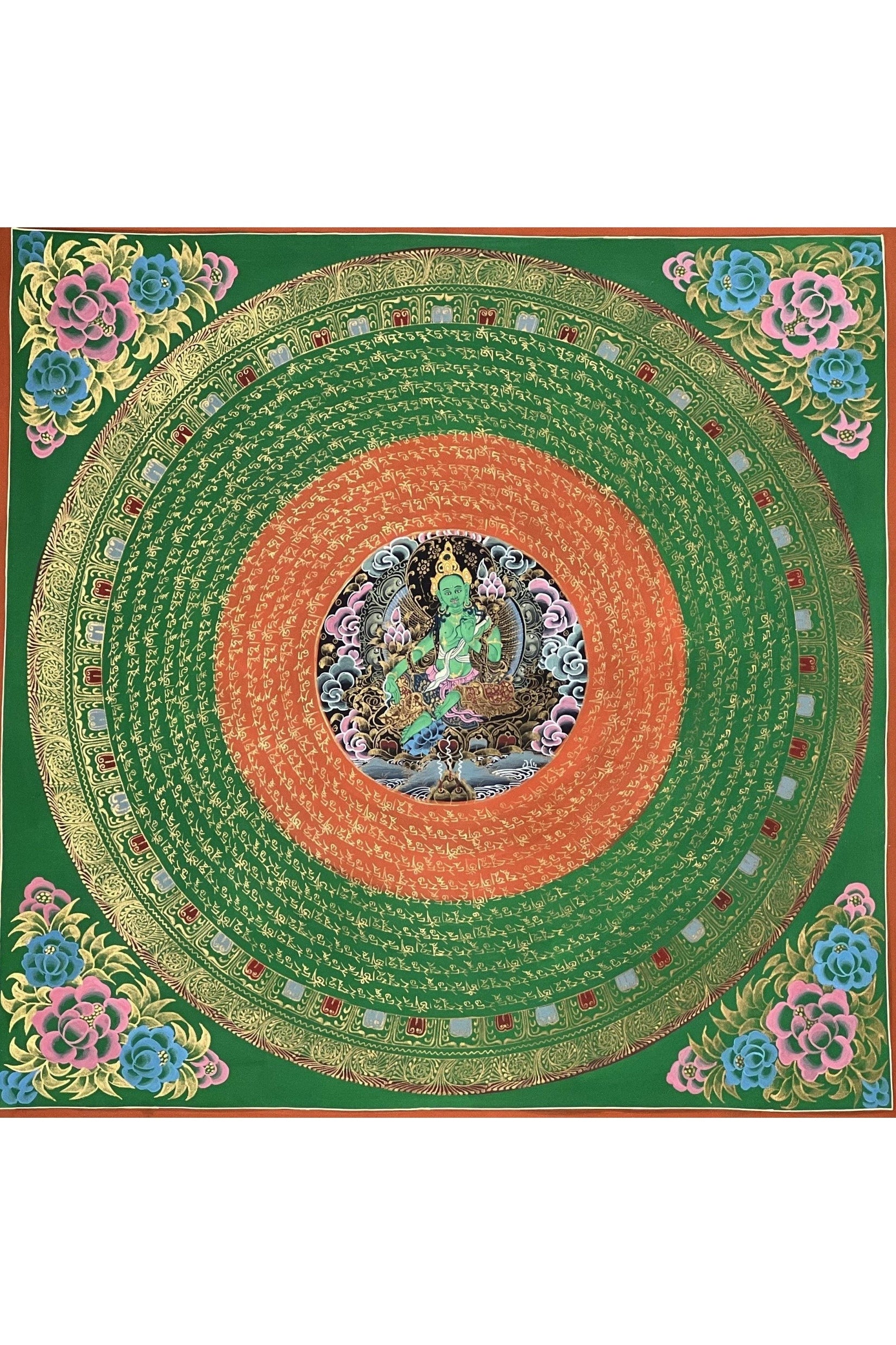 Green Tara Sacred Om Mani Padme Hum Mantra Mandala Original Masterpiece Tibetan Thangka Painting Compassion Meditation Art - Tibetan Thangka Art