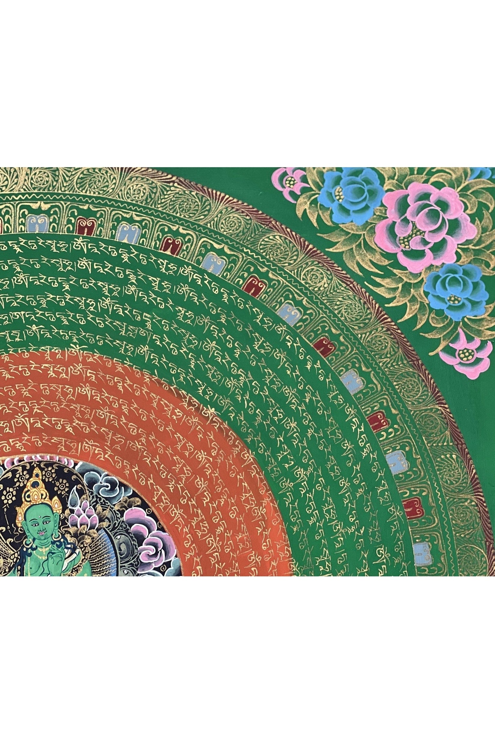 Green Tara Sacred Om Mani Padme Hum Mantra Mandala Original Masterpiece Tibetan Thangka Painting Compassion Meditation Art - Tibetan Thangka Art