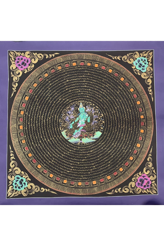 Green Tara Sacred Om Mani Padme Hum Mantra Mandala Original Tibetan Thangka Painting Compassion Meditation Art/ Wall Hanging - Tibetan Thangka Art