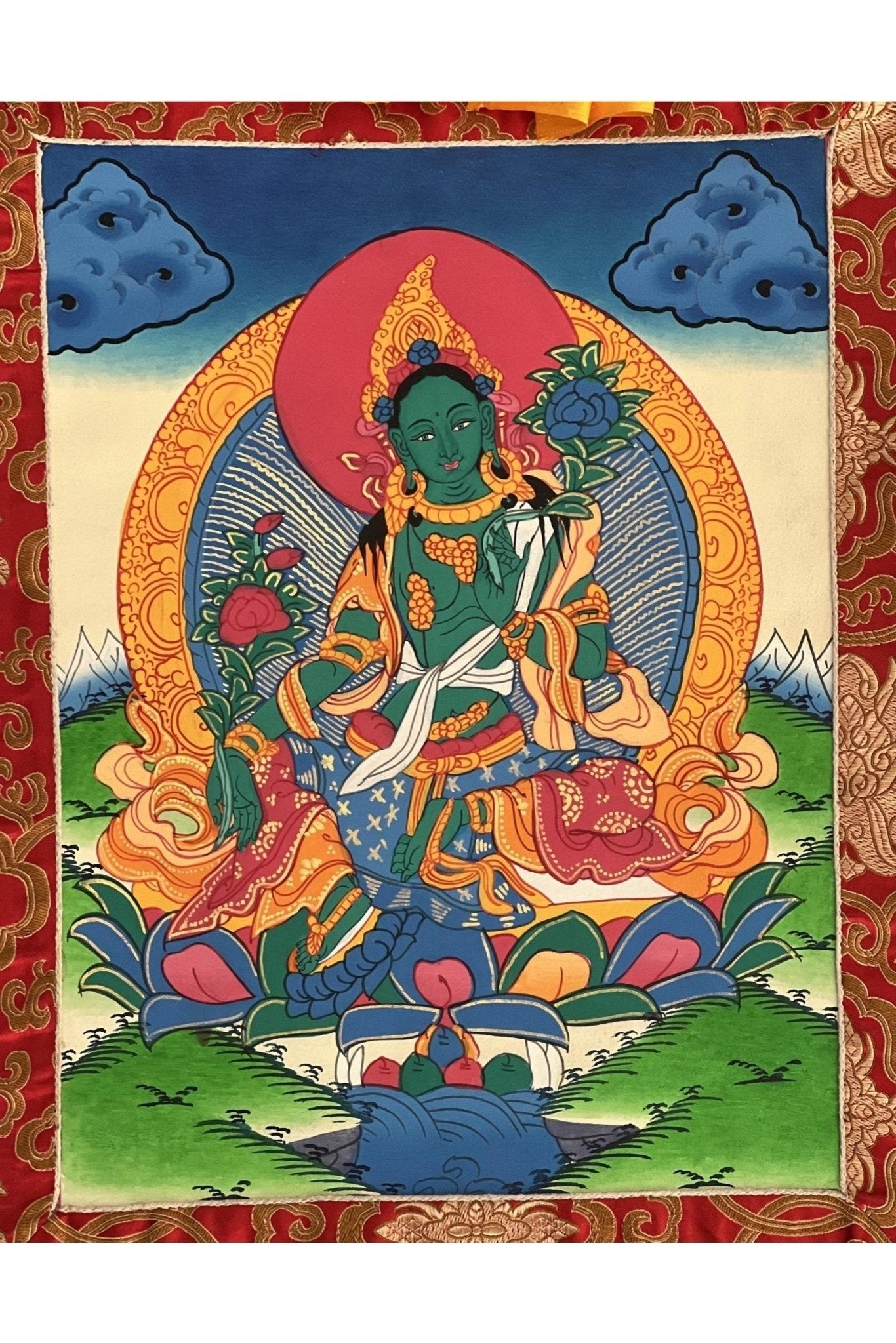 Green Tara/ Shyamatara/ Divine Mother Tibetan Thangka Painting/ Original Buddhist Meditation Art with Green Silk Brocade - Tibetan Thangka Art