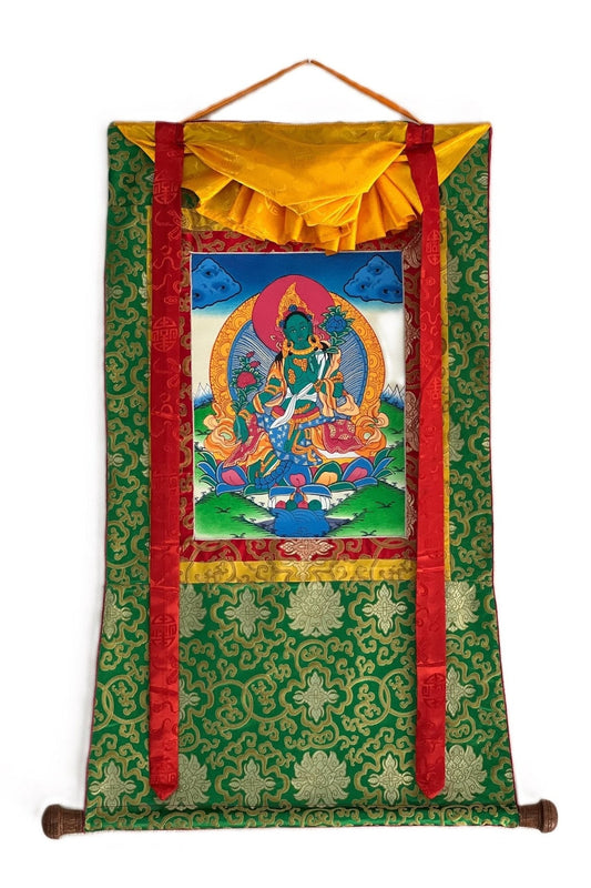 Green Tara/ Shyamatara/ Divine Mother Tibetan Thangka Painting/ Original Buddhist Meditation Art with Green Silk Brocade - Tibetan Thangka Art