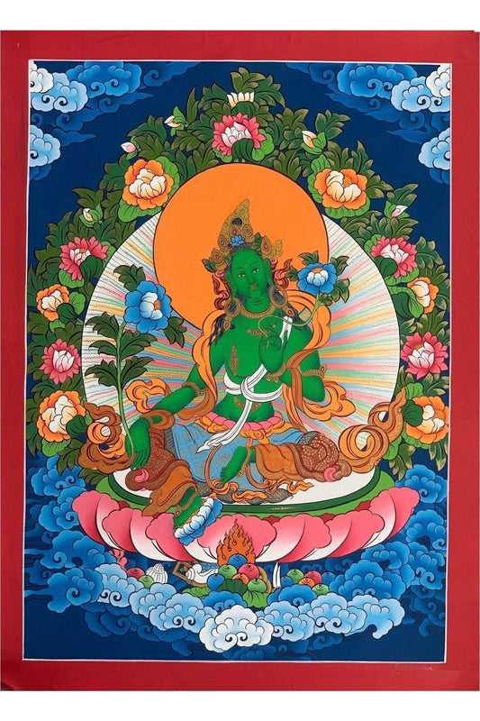 Green Tara, Shyamatara, Mother Goddess, Lama Blessed, Thangka Painting, Original Art 17 x 24 Inch - Tibetan Thangka Art