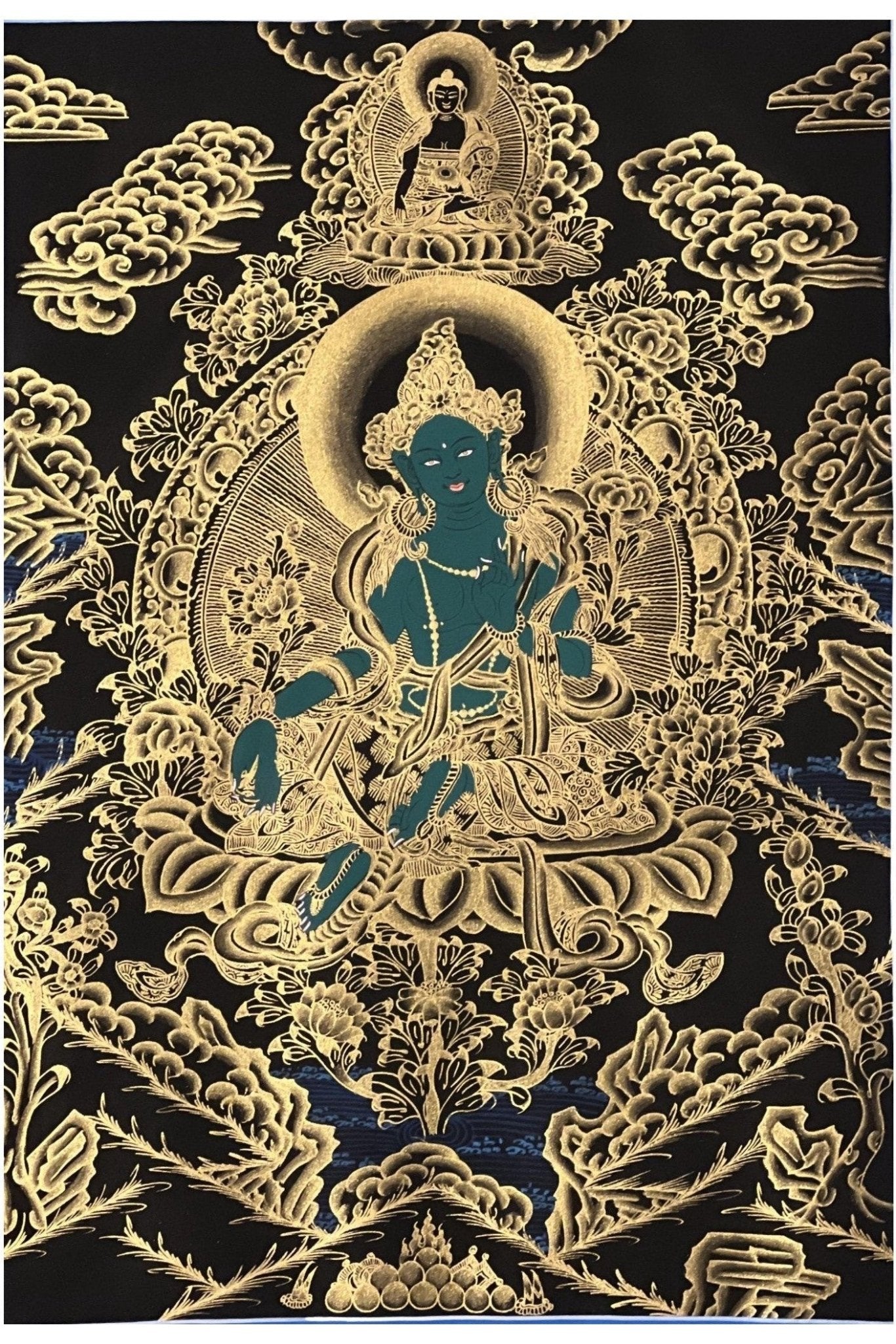 Green Tara Shyamatara Mother Goddess Master Quality Black and Gold Tibetan Thangka Painting / Original Hand - painting/ Buddhist Art - Tibetan Thangka Art