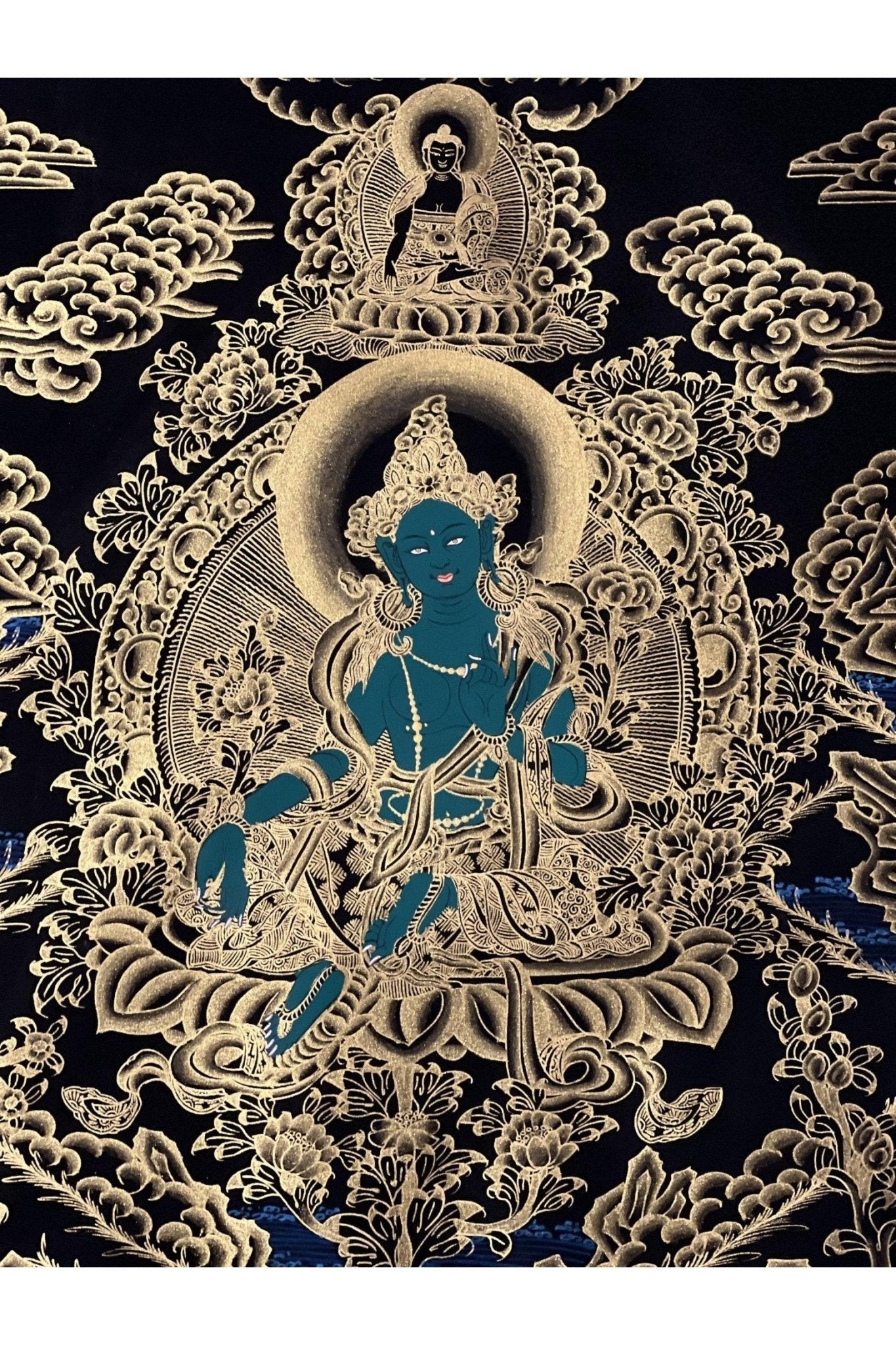 Green Tara Shyamatara Mother Goddess Master Quality Black and Gold Tibetan Thangka Painting / Original Hand - painting/ Buddhist Art - Tibetan Thangka Art