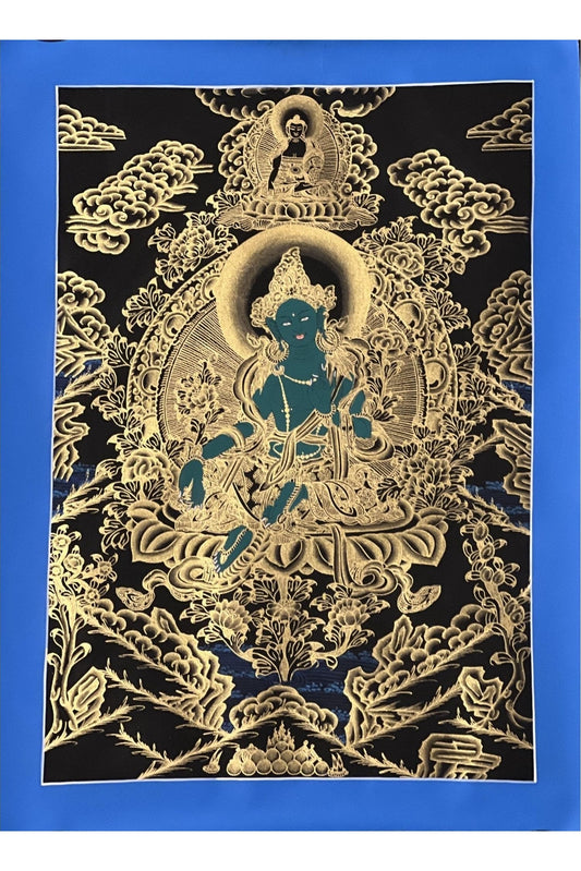 Green Tara Shyamatara Mother Goddess Master Quality Black and Gold Tibetan Thangka Painting / Original Hand - painting/ Buddhist Art - Tibetan Thangka Art
