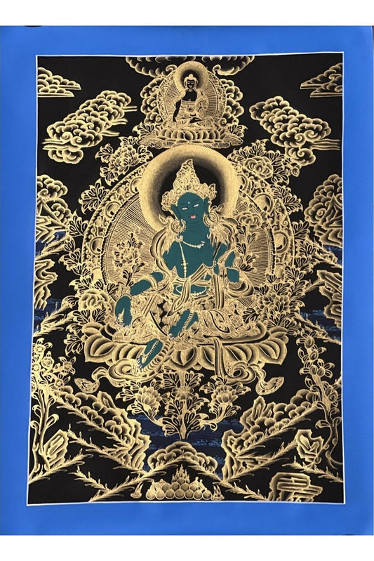 Green Tara Shyamatara Mother Goddess Master Quality Black and Gold Tibetan Thangka Painting / Original Hand - painting/ Buddhist Art - Tibetan Thangka Art