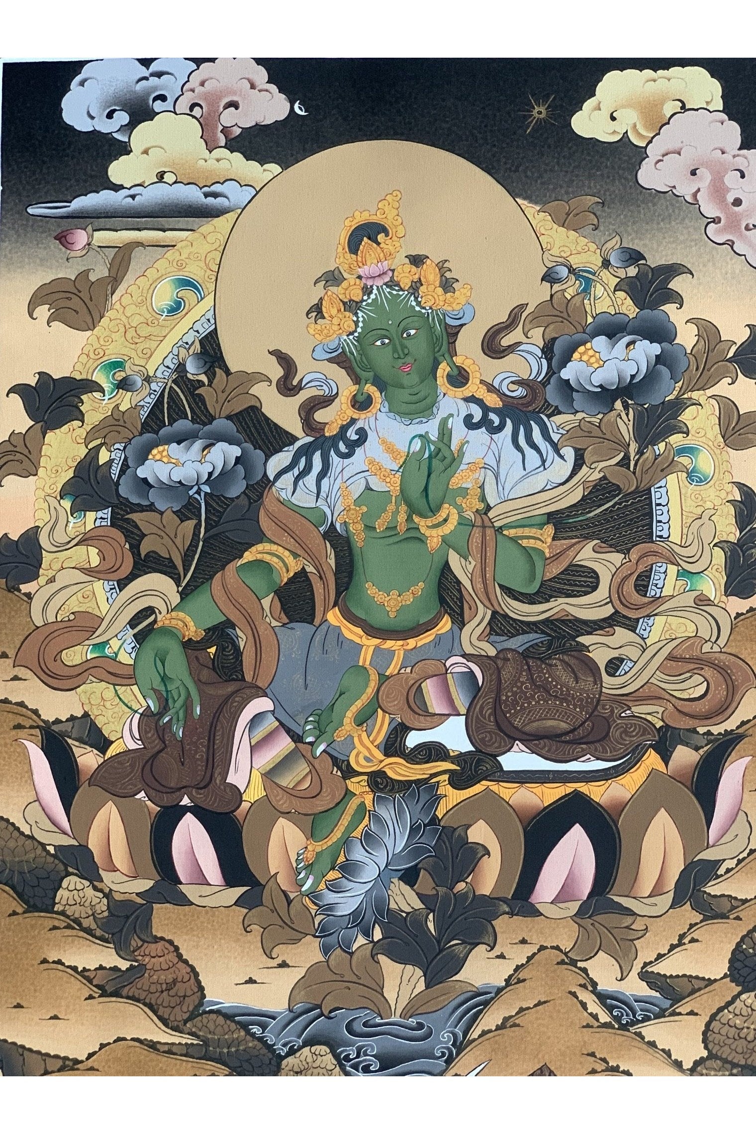 Green Tara Shyamatara Mother Goddess Master Quality Masterpiece Compassion Meditation Tibetan Thangka Painting Original Art - Tibetan Thangka Art