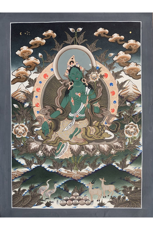 Green Tara, Shyamatara, Mother Goddess, Master Quality Thangka Painting, Original Hand Painting Meditation Art 16 x 22 Inch - Tibetan Thangka Art