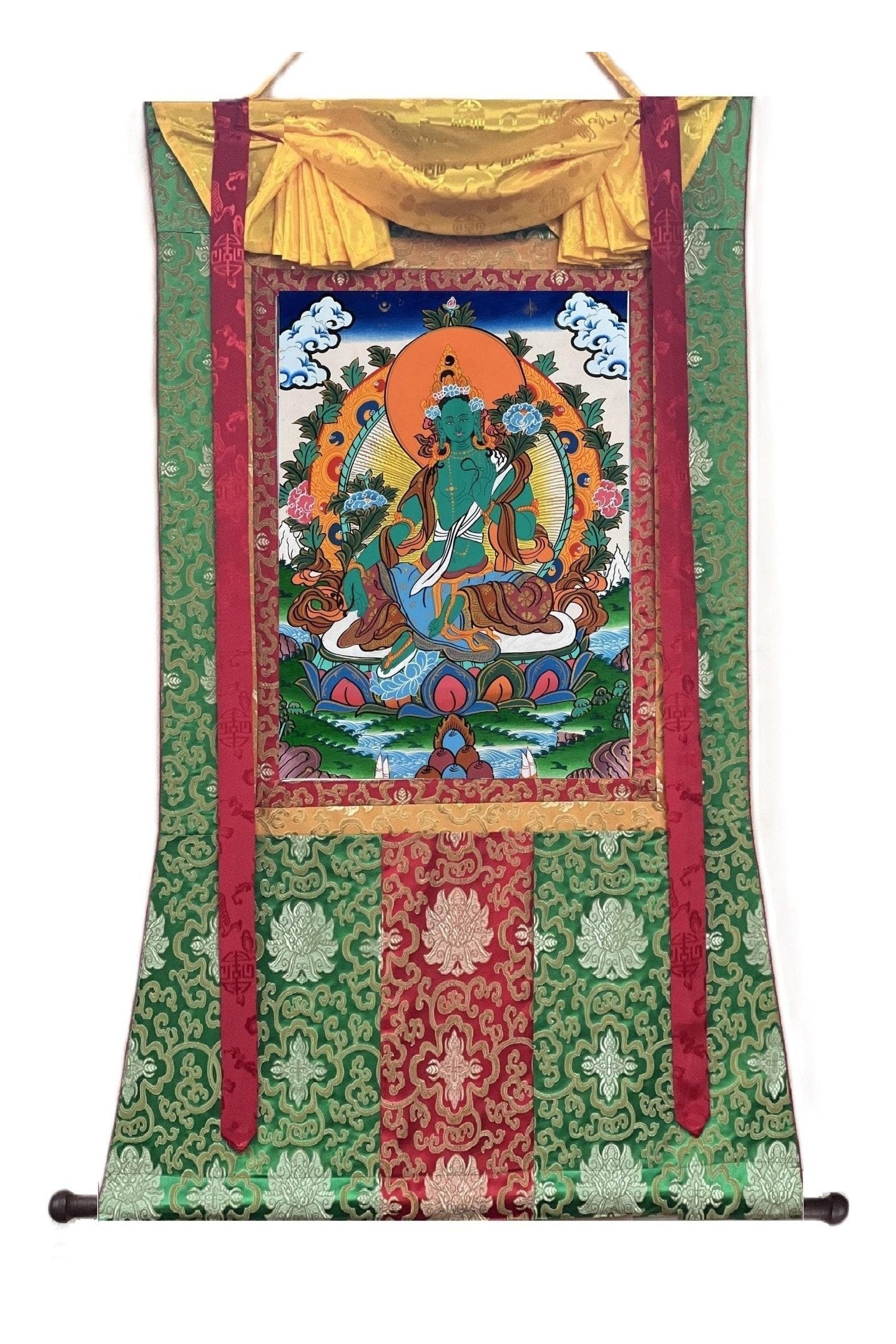 Green Tara/ Shyamatara/ Mother Goddess Master Quality Tibetan Thangka Painting Original Buddhist Meditation Art with Silk Brocade - Tibetan Thangka Art