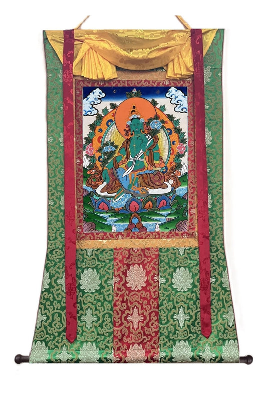 Green Tara/ Shyamatara/ Mother Goddess Master Quality Tibetan Thangka Painting Original Buddhist Meditation Art with Silk Brocade - Tibetan Thangka Art