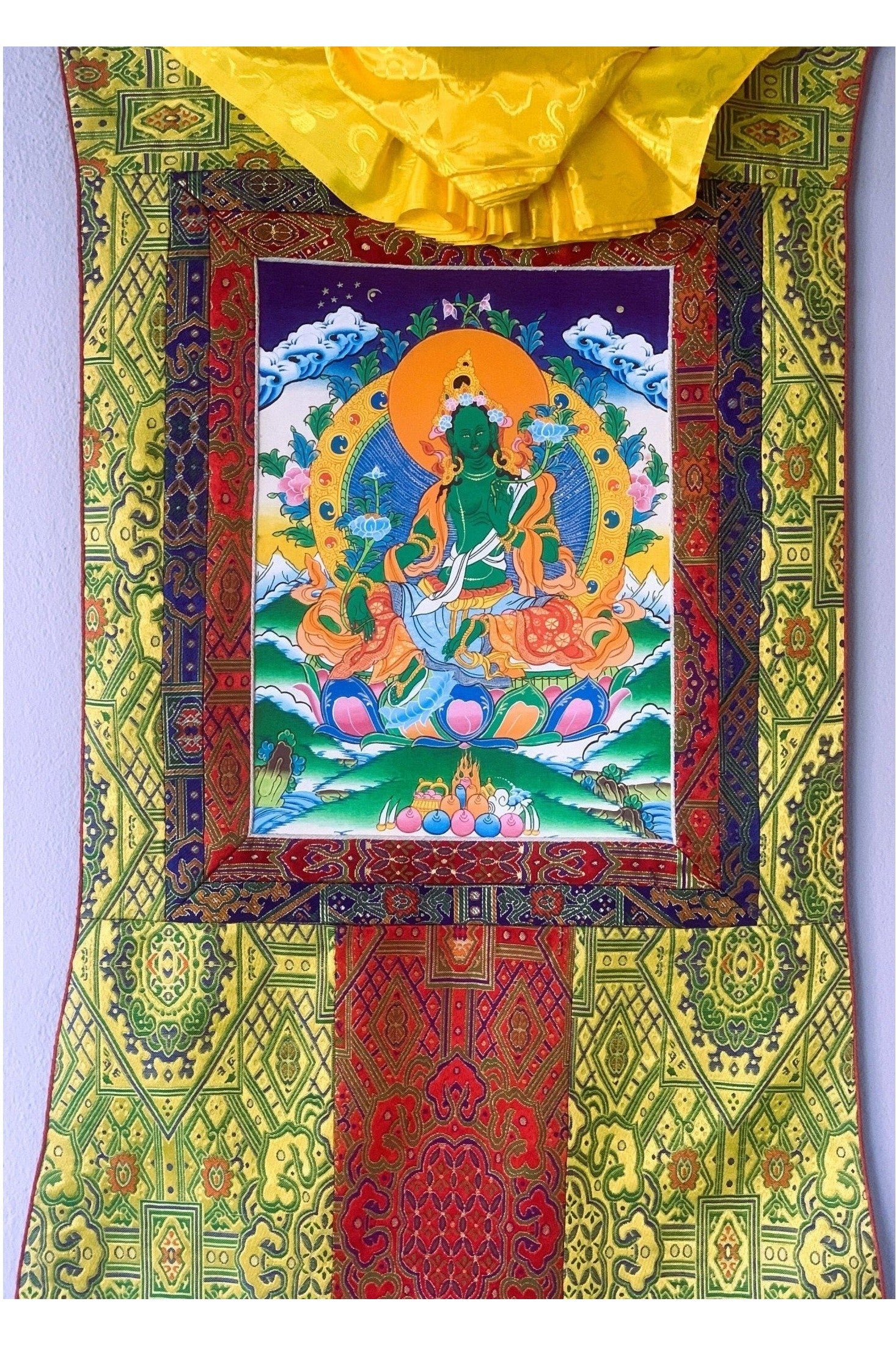 Green Tara/ Shyamatara Mother Goddess Tibetan Thangka Painting Original Hand Painting with Premium Silk Brocade - Tibetan Thangka Art