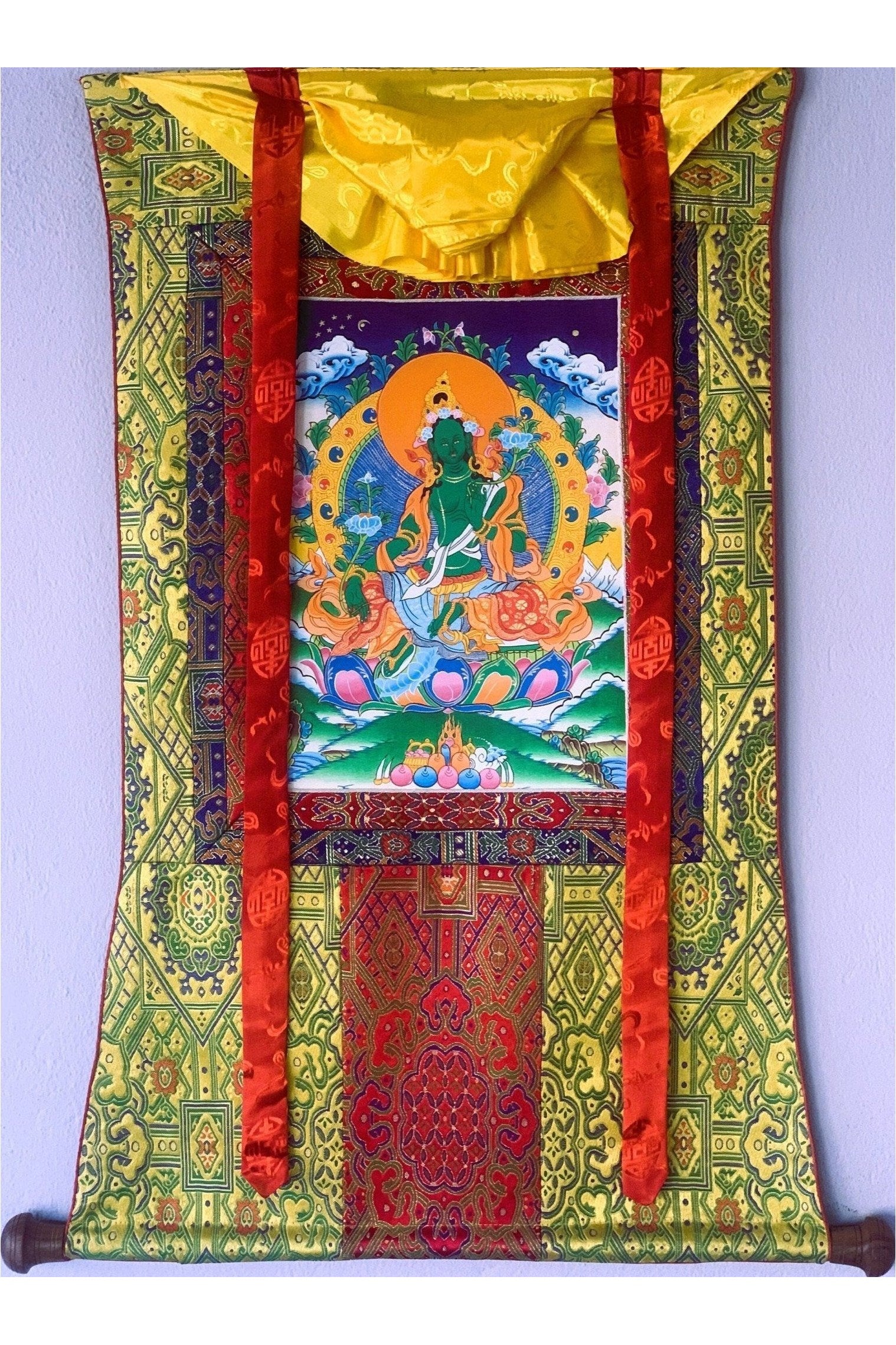 Green Tara/ Shyamatara Mother Goddess Tibetan Thangka Painting Original Hand Painting with Premium Silk Brocade - Tibetan Thangka Art