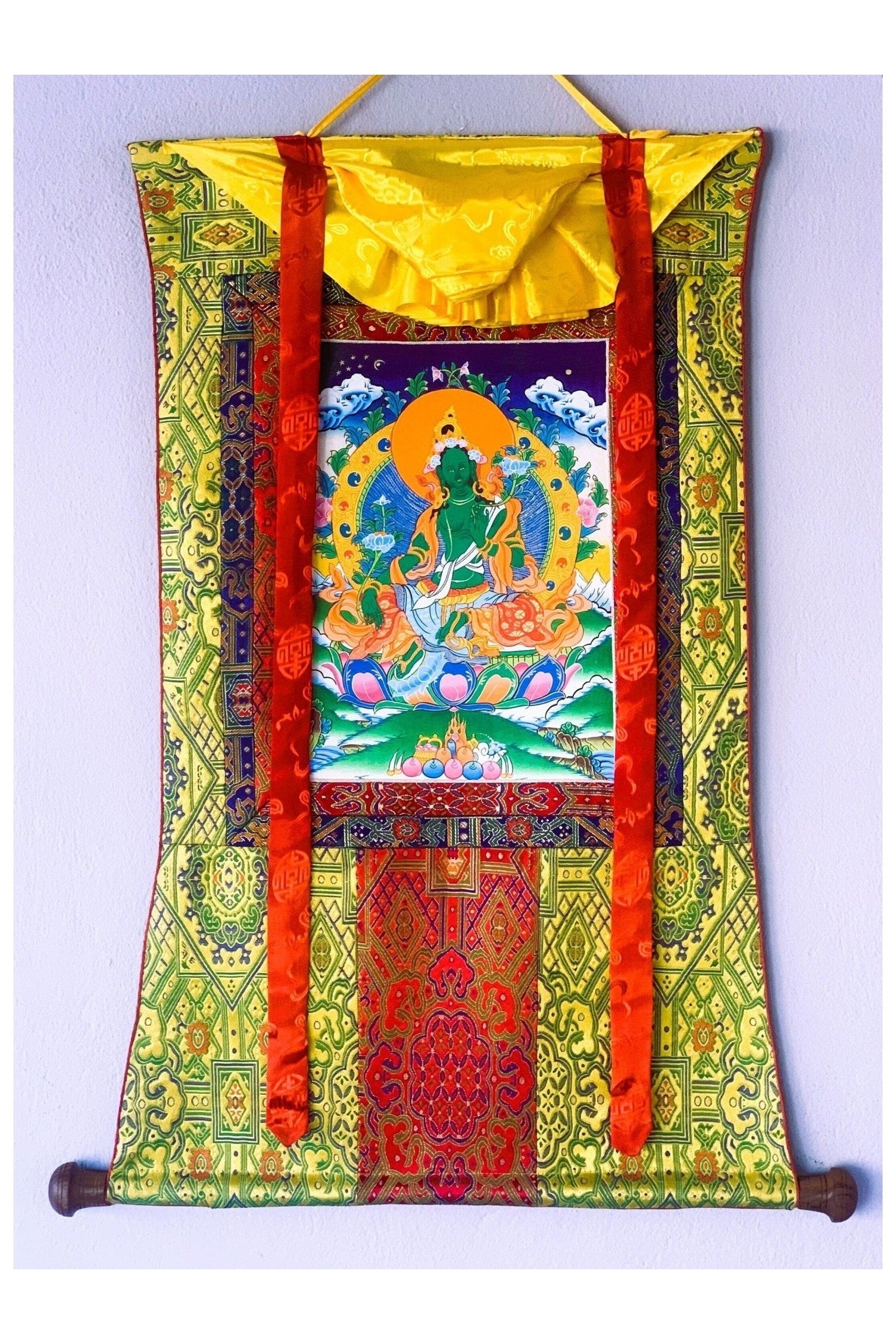 Green Tara/ Shyamatara Mother Goddess Tibetan Thangka Painting Original Hand Painting with Premium Silk Brocade - Tibetan Thangka Art