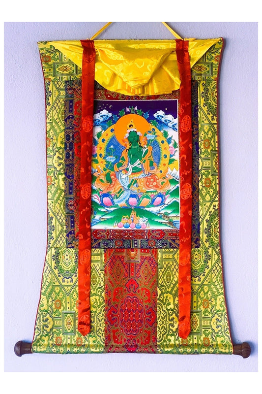 Green Tara/ Shyamatara Mother Goddess Tibetan Thangka Painting Original Hand Painting with Premium Silk Brocade - Tibetan Thangka Art