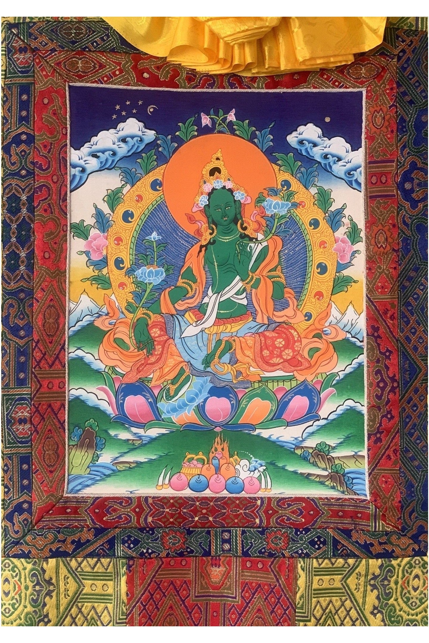 Green Tara/ Shyamatara Mother Goddess Tibetan Thangka Painting Original Hand Painting with Premium Silk Brocade - Tibetan Thangka Art