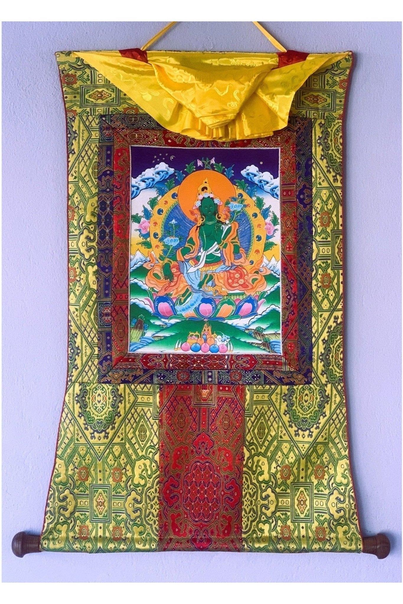 Green Tara/ Shyamatara Mother Goddess Tibetan Thangka Painting Original Hand Painting with Premium Silk Brocade - Tibetan Thangka Art